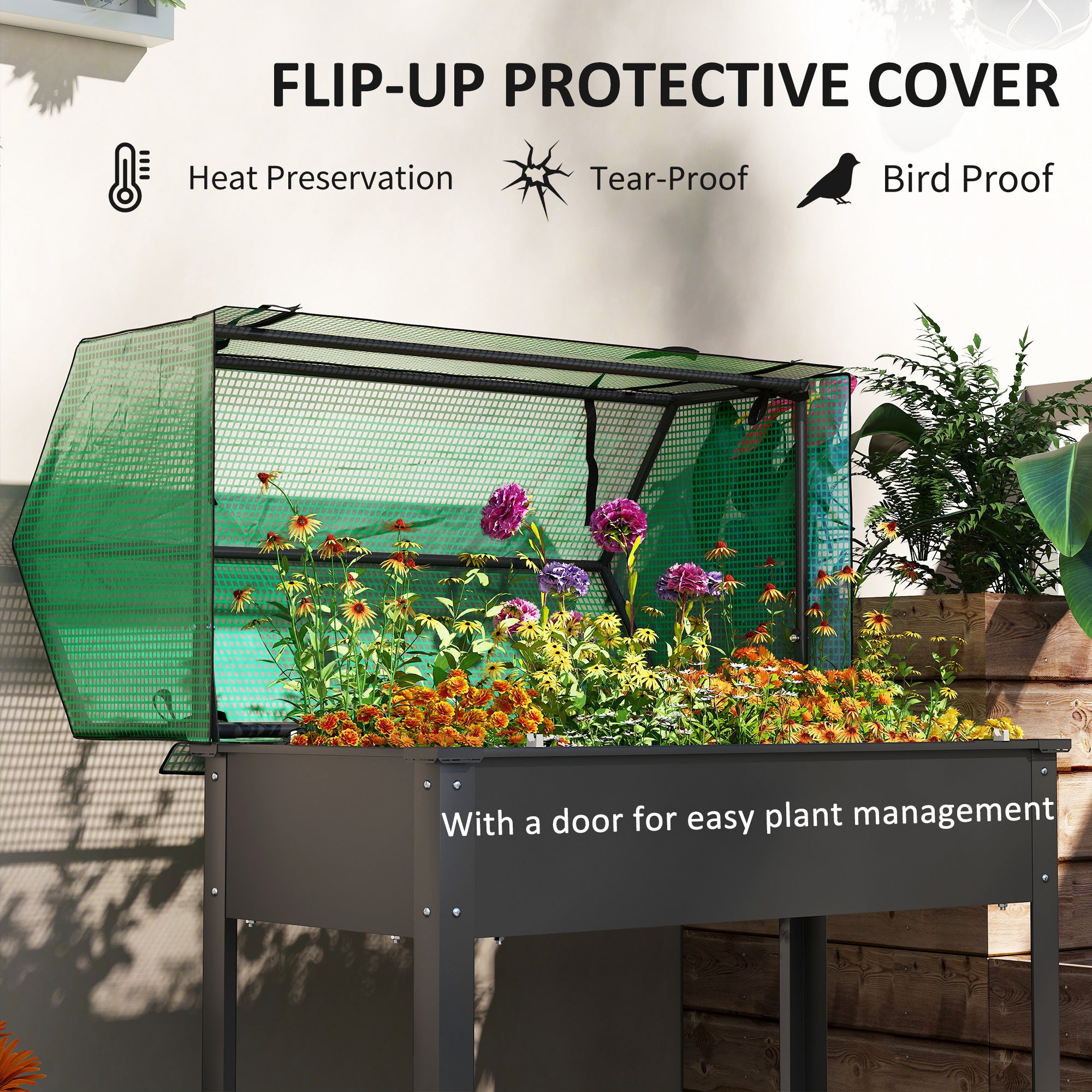 Raised Garden Bed Planter with PE Greenhouse Cover, Elevated Garden Bed Box with Drainage Hole for Flowers, Black