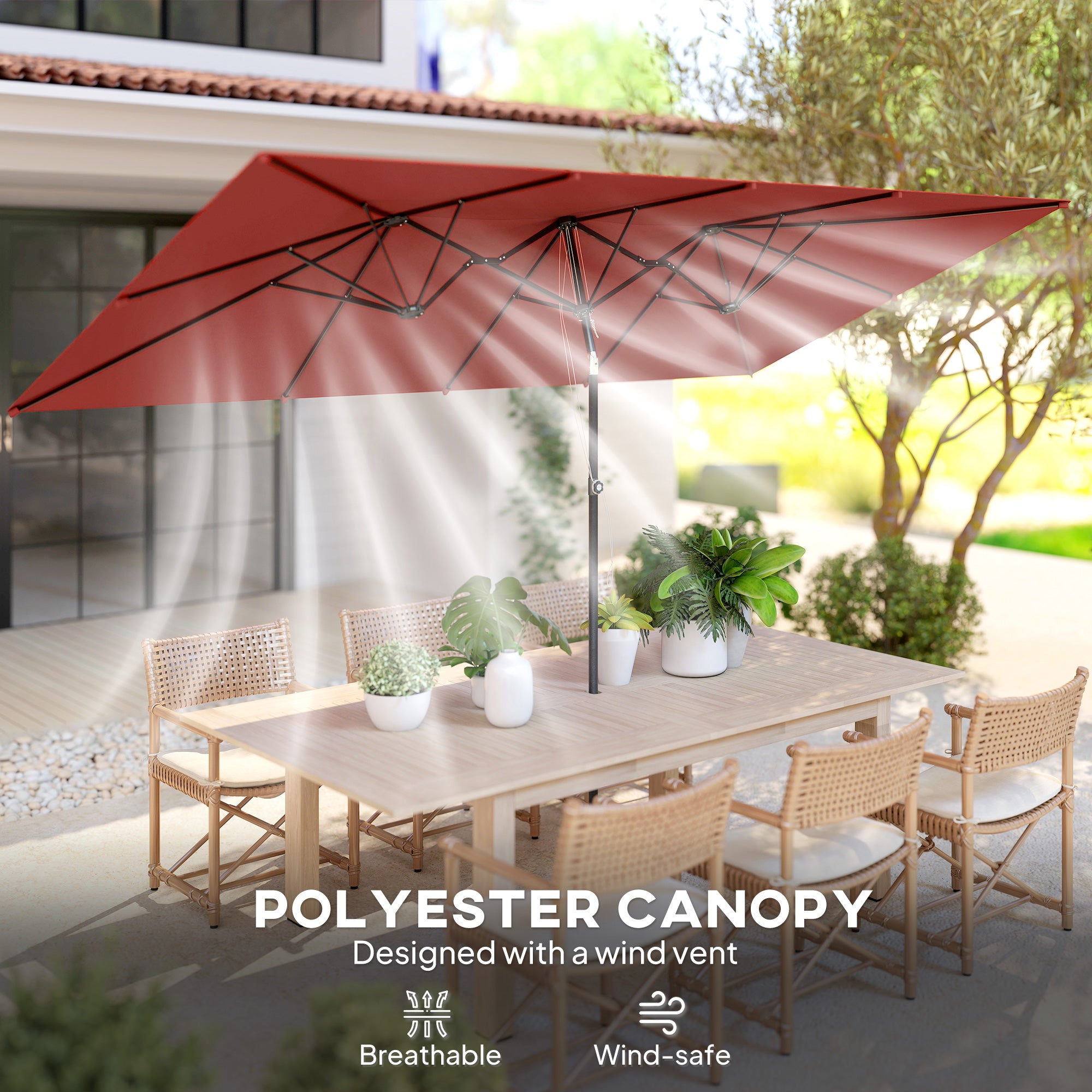 Double-Sided Patio Umbrella Parasol with Tilt, Adjustable Height, Vents and 12 Ribs, for Garden, Deck, Pool, Wine Red