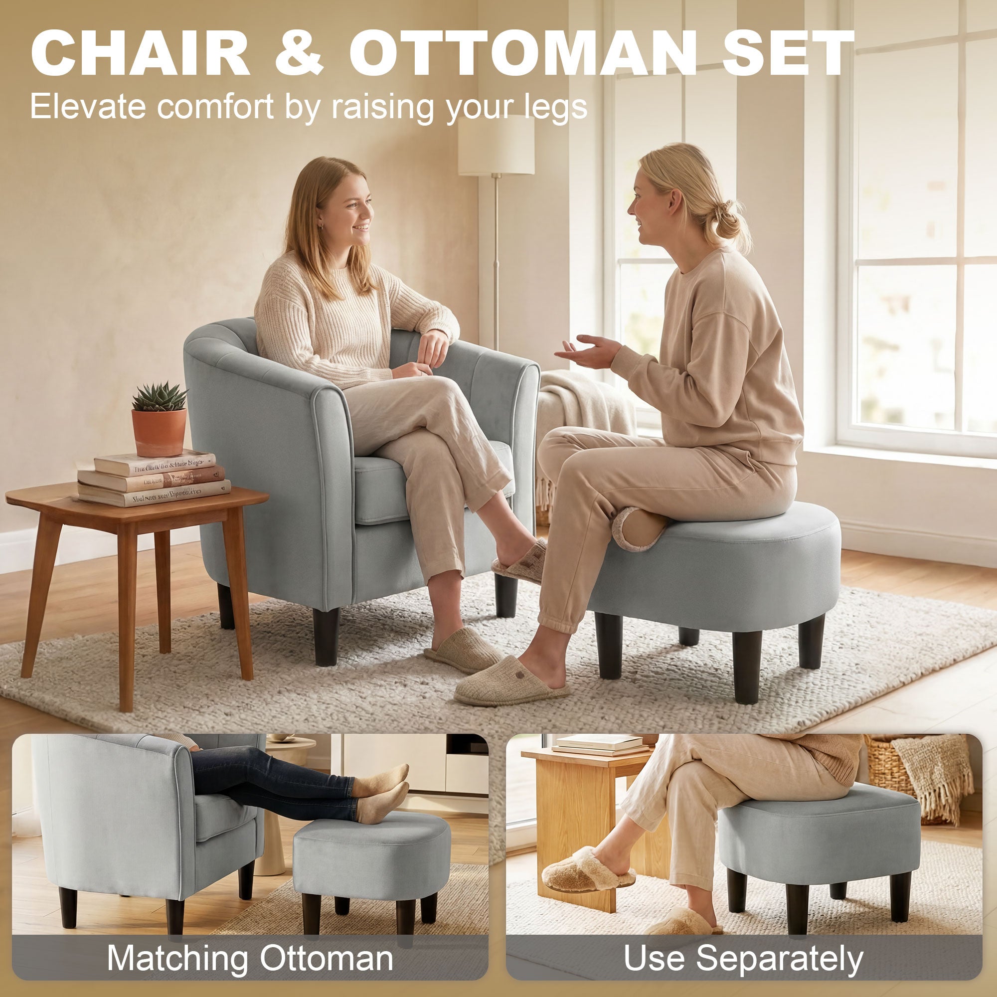 Accent Chair Modern Upholstered Living Room Chair with Ottoman and Pocket Spring Cushion Grey