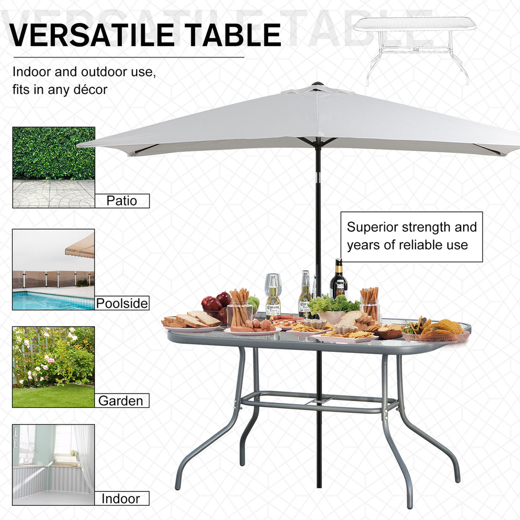 Metal Garden Dining Table with Umbrella Hole, Outdoor Patio Table with Tempered Glass Top, 55" x 31.5"