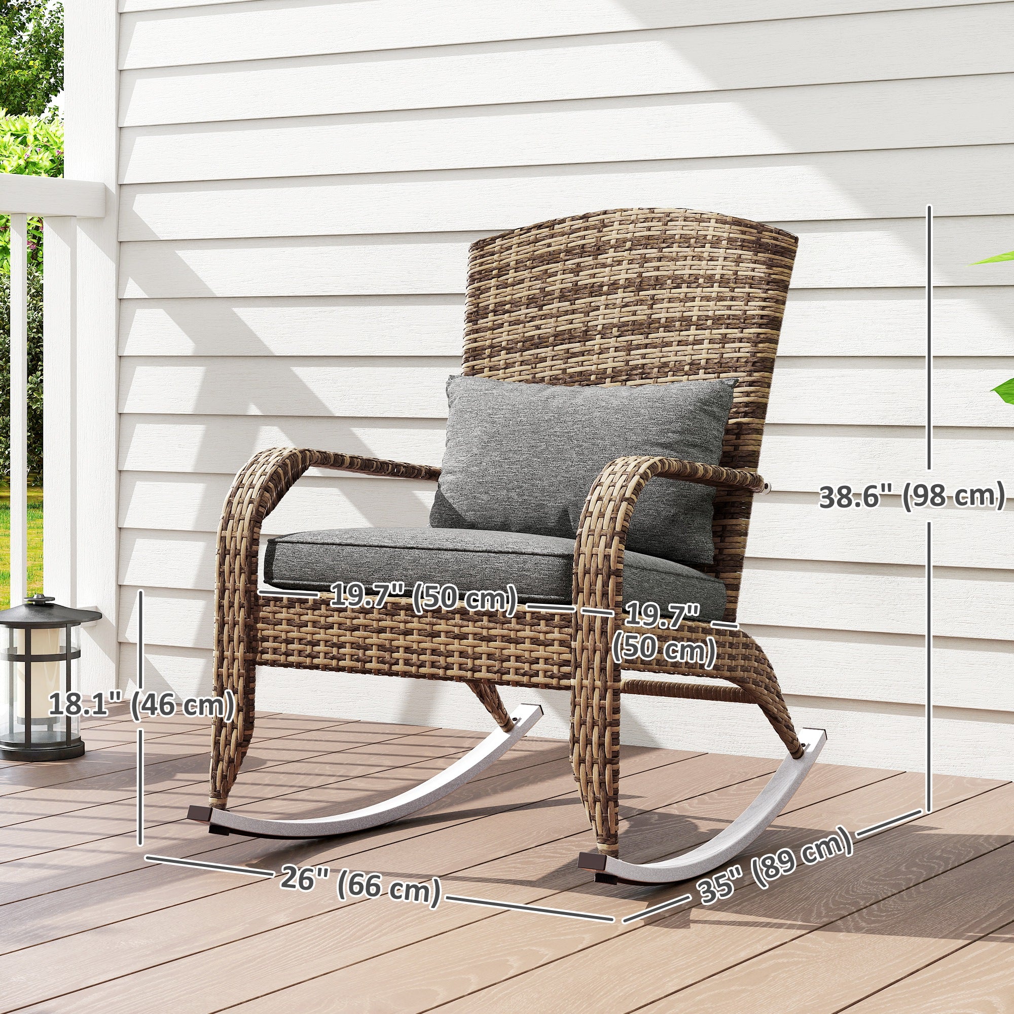 Adirondack Chair, Outdoor Wicker Rocking Chair with High Back, Seat Cushion and Pillow for Porch, Balcony, Grey/Yellow