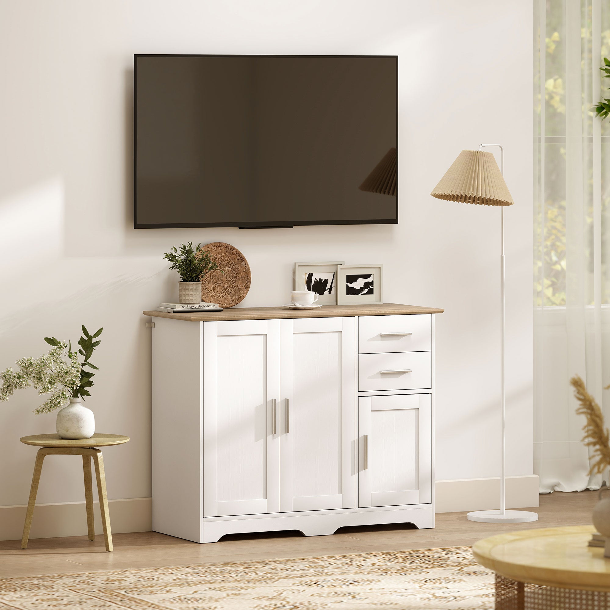 40" Sideboard Buffet Cabinet, Modern Kitchen Storage Cabinet with 2 Drawers, 3 Doors & Adjustable Shelf, White