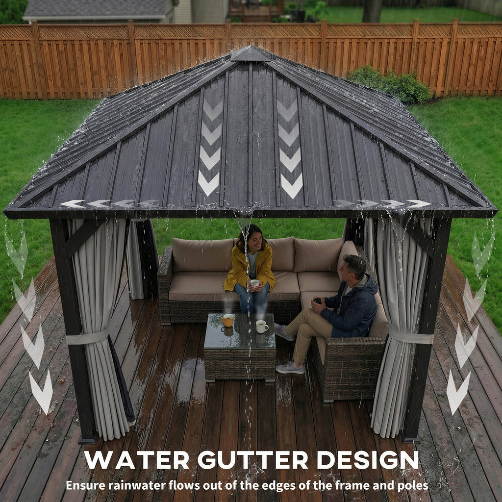 10' x 10' Hardtop Gazebo with Galvanized Steel Roof, Permanent Garden Gazebo with Netting and Curtains