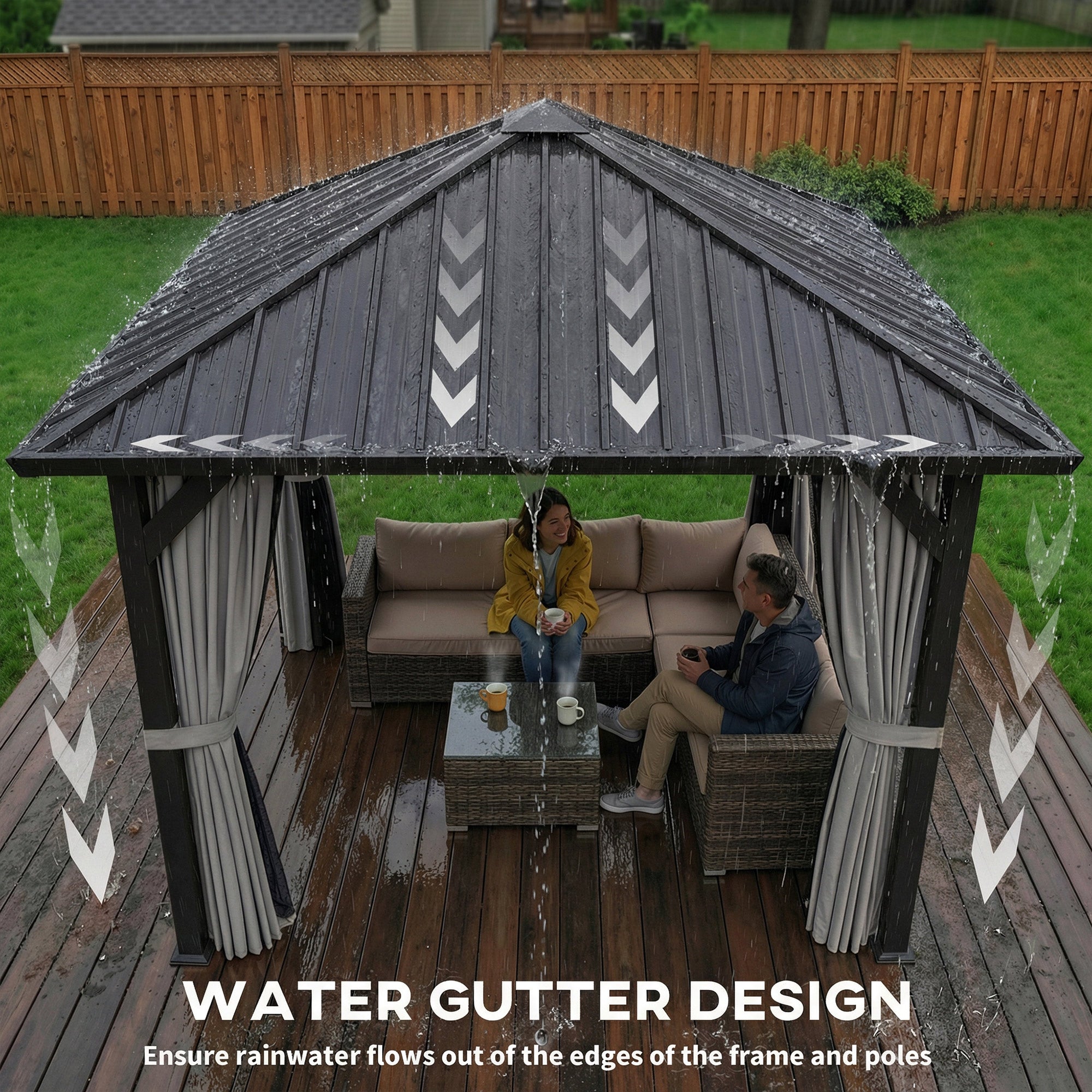 10' x 10' Hardtop Gazebo with Galvanized Steel Roof, Permanent Garden Gazebo with Netting and Curtains