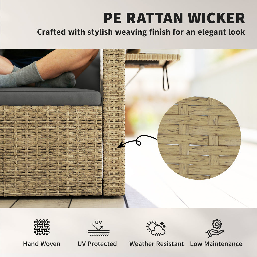 Wicker Outdoor Sofa with Side Trays, Rattan Patio Loveseat with Cushions for Garden Balcony, Light Grey