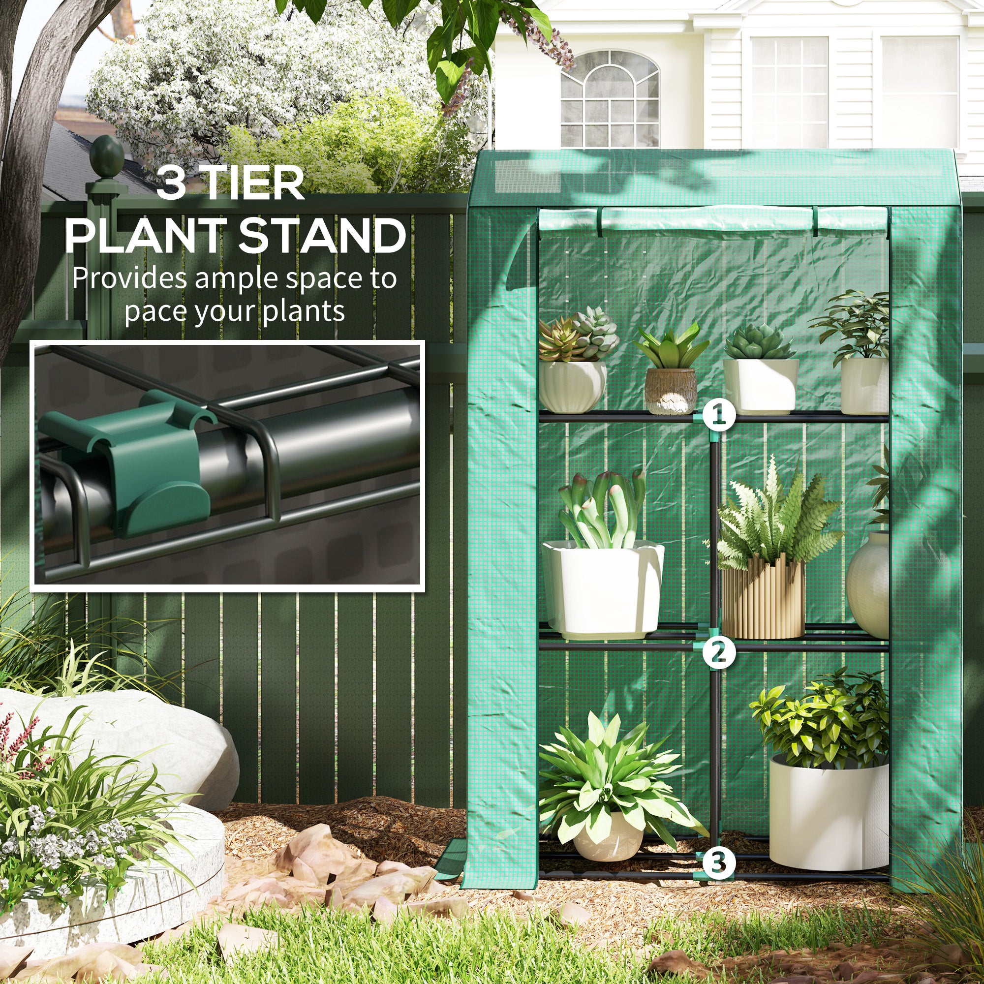 Mini Greenhouse with 3 Tier Shelves, 3 Roll-Up Doors for Indoor Outdoor, Green