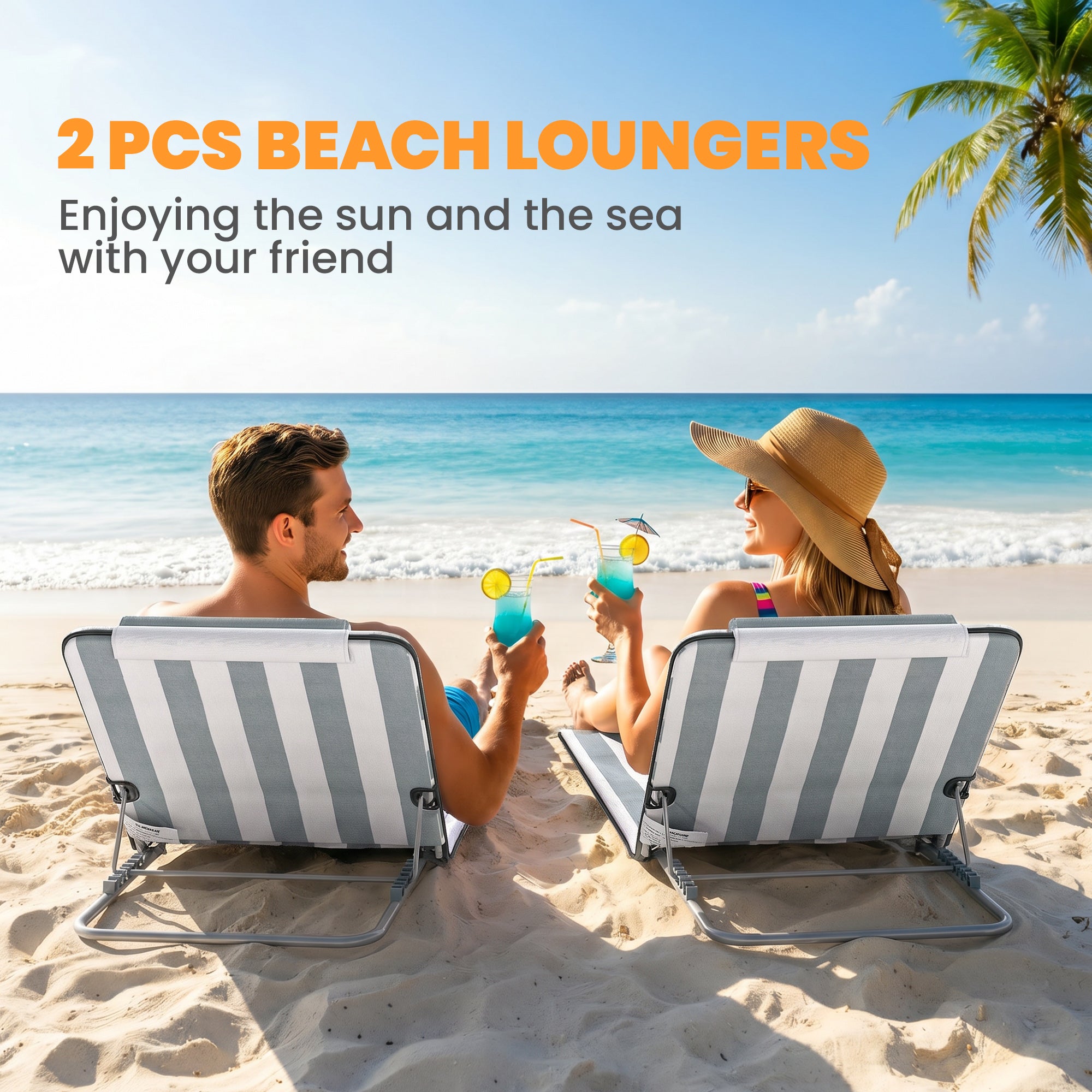 2 Pieces Beach Lounge Chair, Outdoor Folding Chaise Lounge Set w/ Pillow for Sunbath, Snap, Light Grey and White