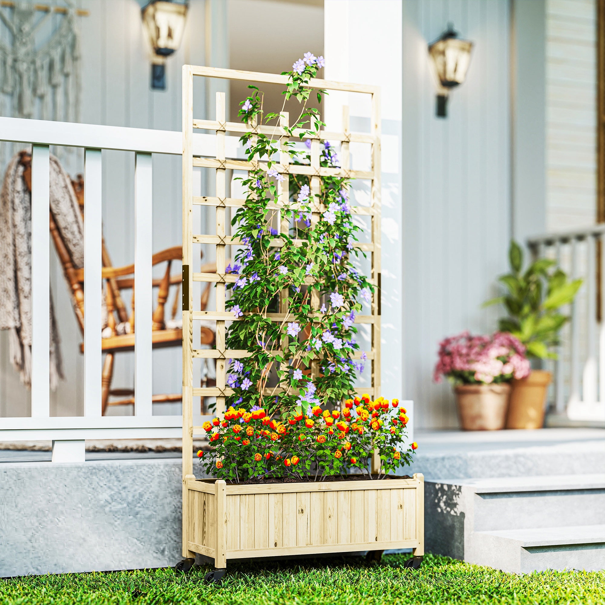 Wooden Planter with Trellis, Raised Garden Bed with Wheels, Drainage Holes for Climbing Plants, Flowers, Nature Wood