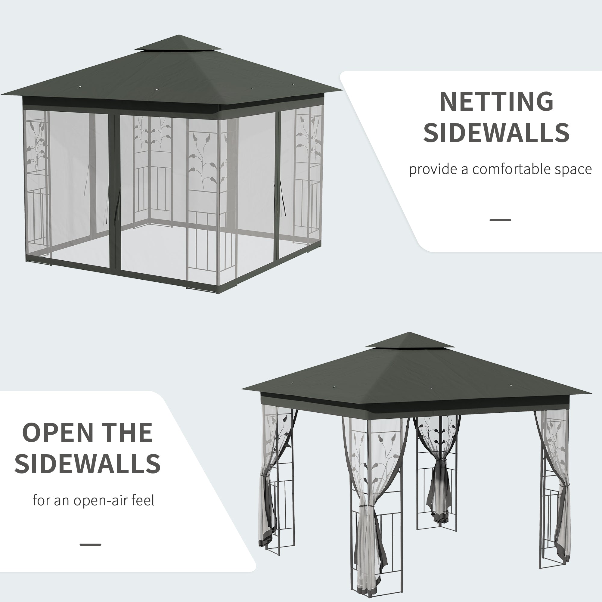 10'x10' Soft-top Steel Patio Gazebo Outdoor Sun Shelter with 2-Tier Polyester Roof, Curtain Sidewalls, Grey