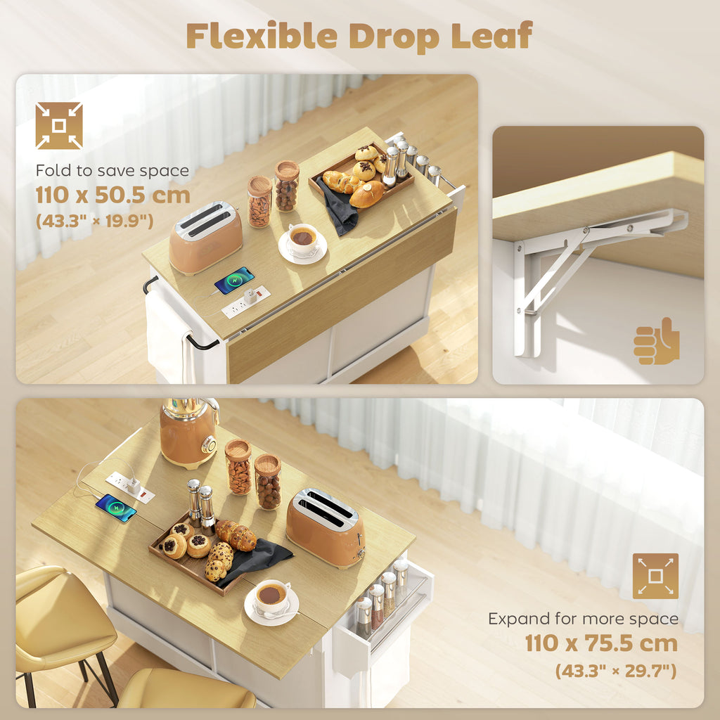 Kitchen Island Cart with Charging Station and Drop Leaf, Kitchen Island Table on Wheels with Trash Can Cabinet, White