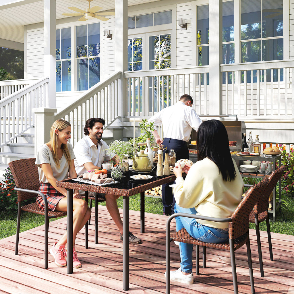 5 Pieces Outdoor Dining Set for 4, PE Wicker Rattan Patio Furniture Set with Stackable Chairs and Glass Table Top