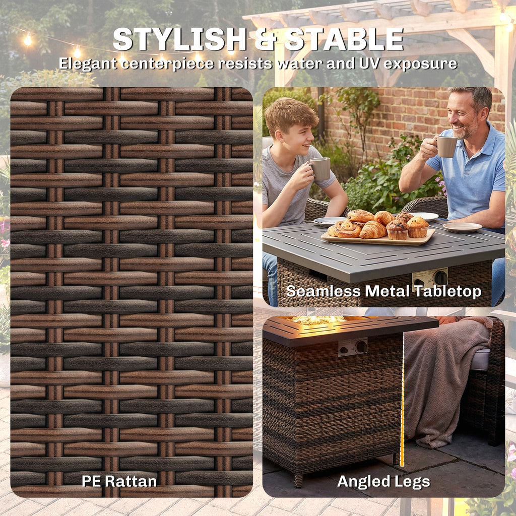 Propane Fire Pit Table, 28 Inch 40,000 BTU Square Rattan Fire Table with Lava Rock, Pulse-Ignition Wicker Gas Fire Pit