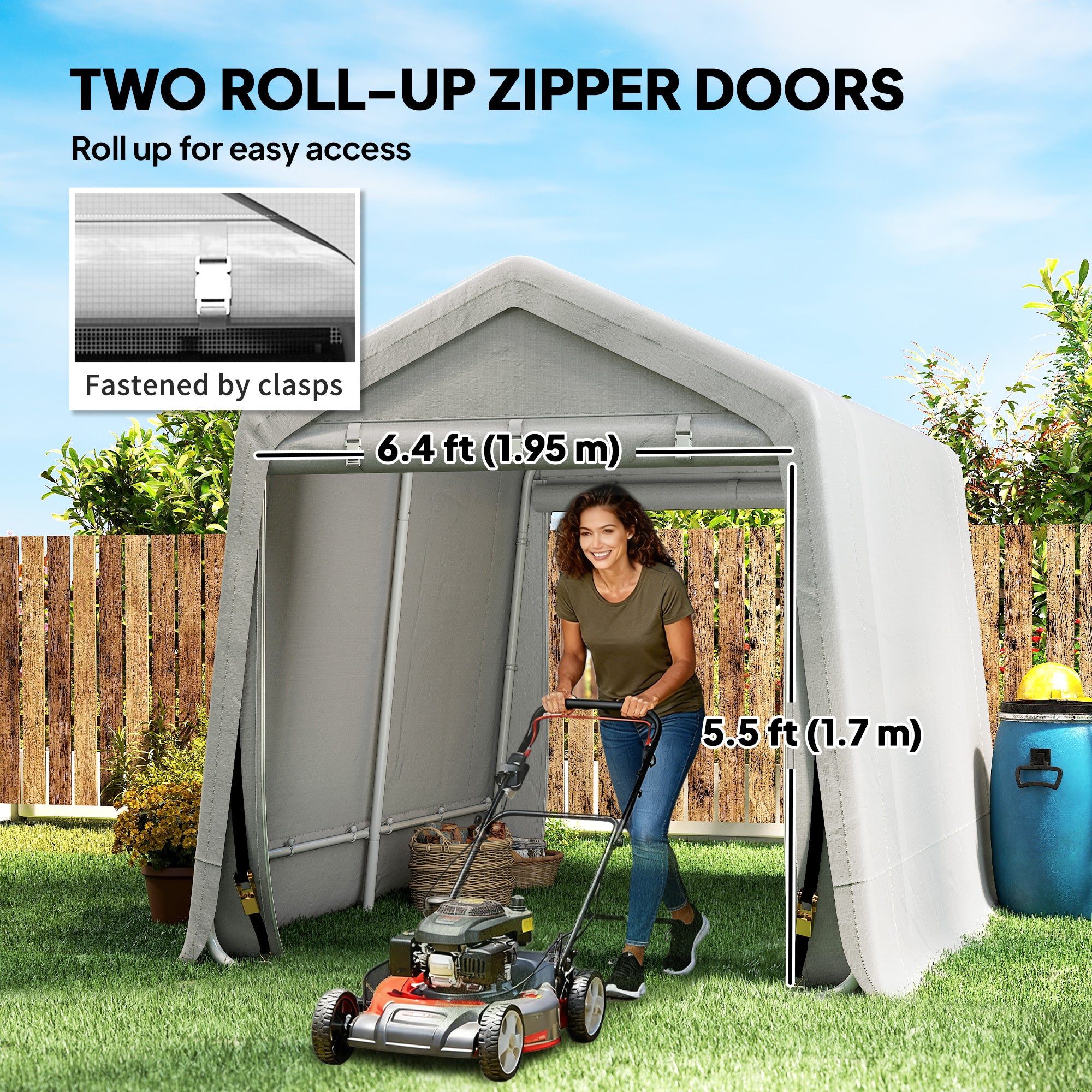 9.2' x 7.9' Garden Storage Tent, Patio Storage Shelter w/ Metal Frame and Double Zipper Doors, Light Grey