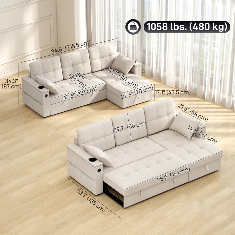 Beige L-shaped sleeper couch with convertible pull-out bed and hidden storage