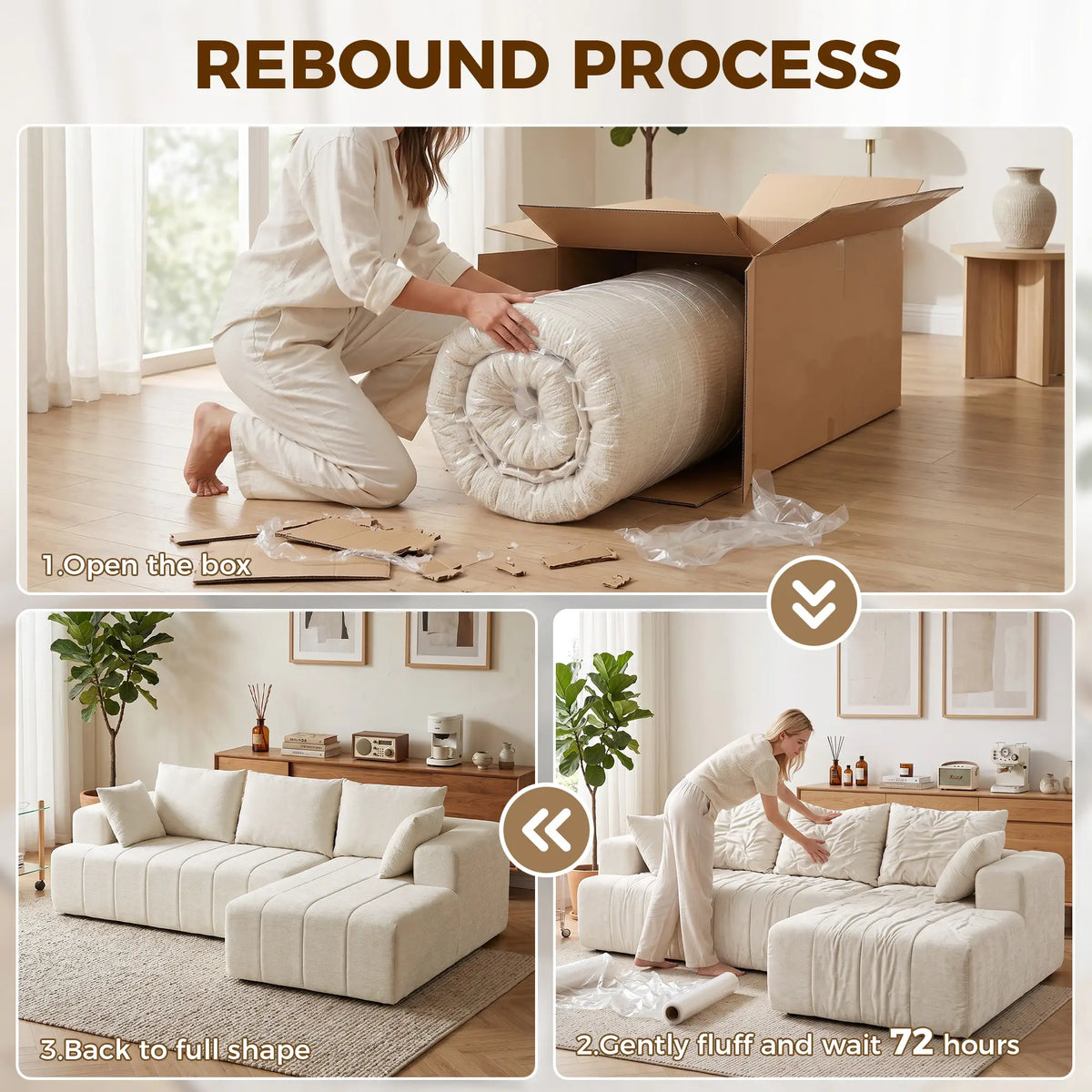 Beige Modular Sectional Sofa with Chaise – 3-Seater Chenille Cloud Couch & L-Shaped Sofa Bed