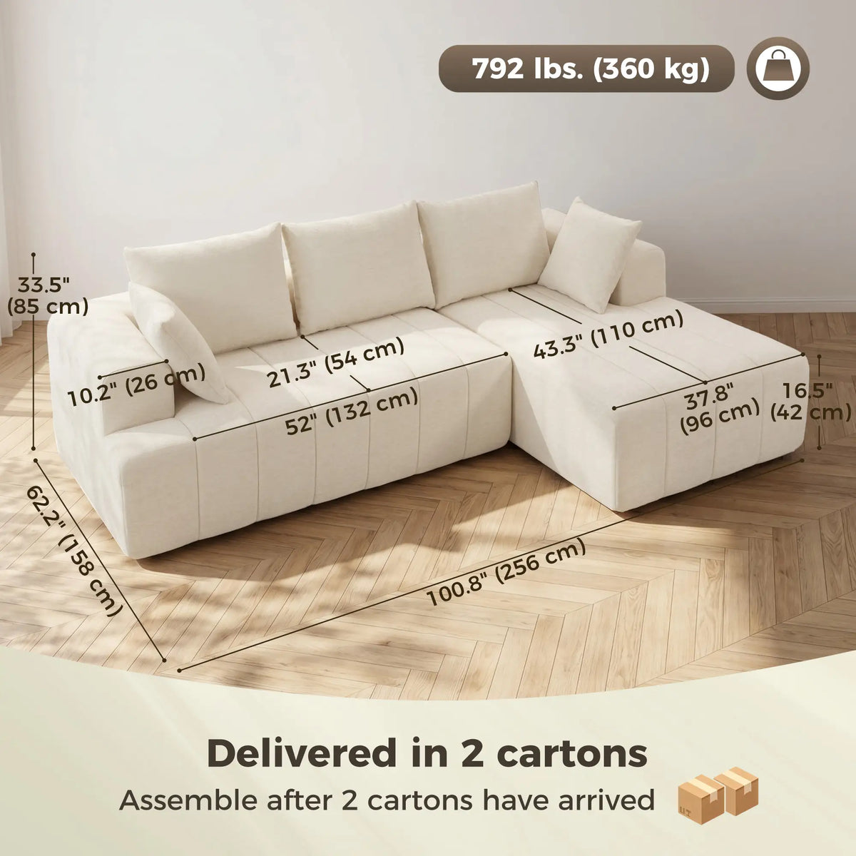 Beige Modular Sectional Sofa with Chaise – 3-Seater Chenille Cloud Couch & L-Shaped Sofa Bed