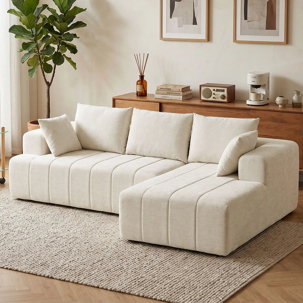 Beige Modular Sectional Sofa with Chaise – 3-Seater Chenille Cloud Couch & L-Shaped Sofa Bed