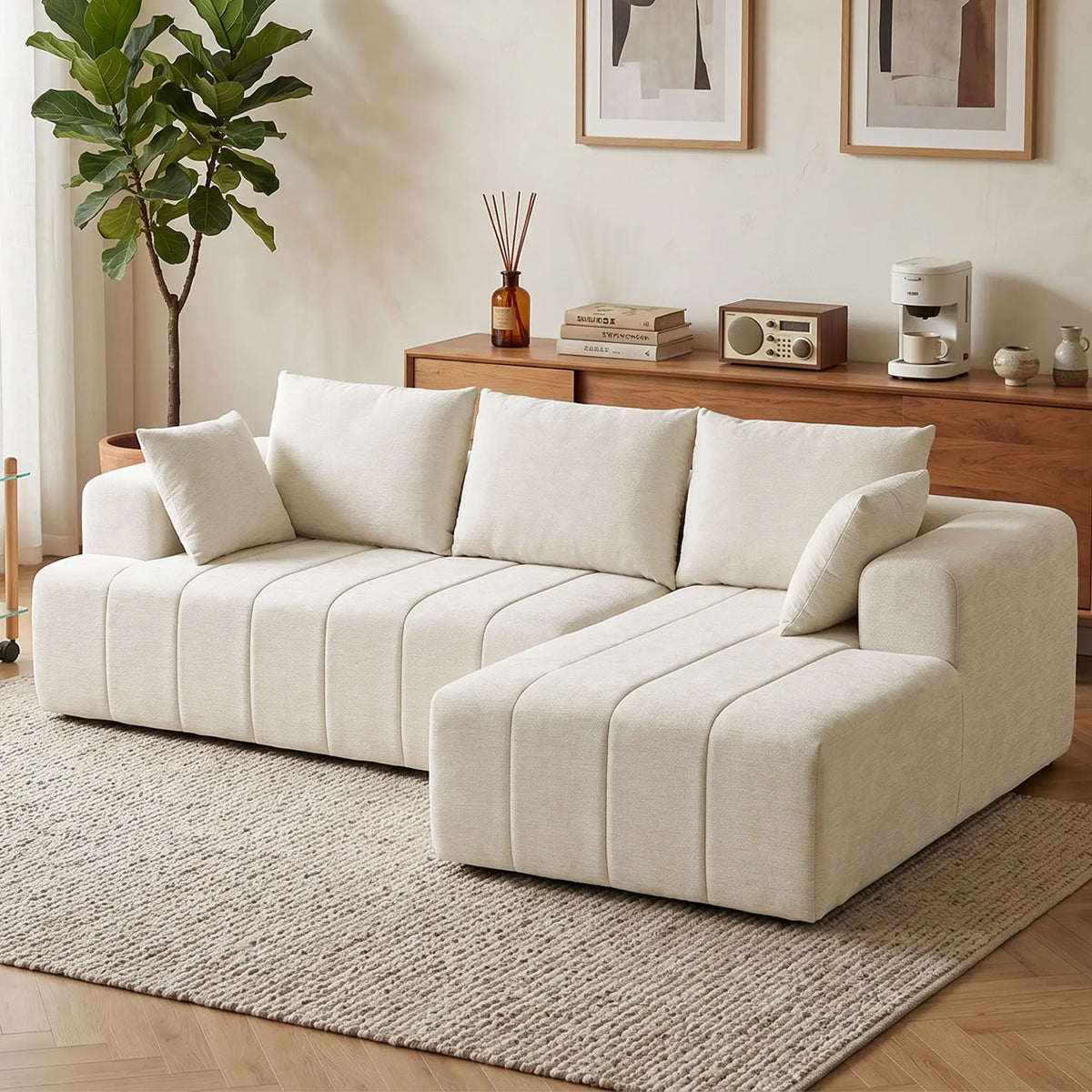 Beige Modular Sectional Sofa with Chaise – 3-Seater Chenille Cloud Couch & L-Shaped Sofa Bed