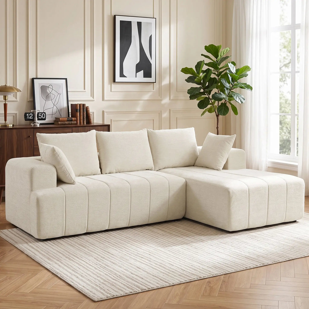 Beige Modular Sectional Sofa with Chaise – 3-Seater Chenille Cloud Couch & L-Shaped Sofa Bed