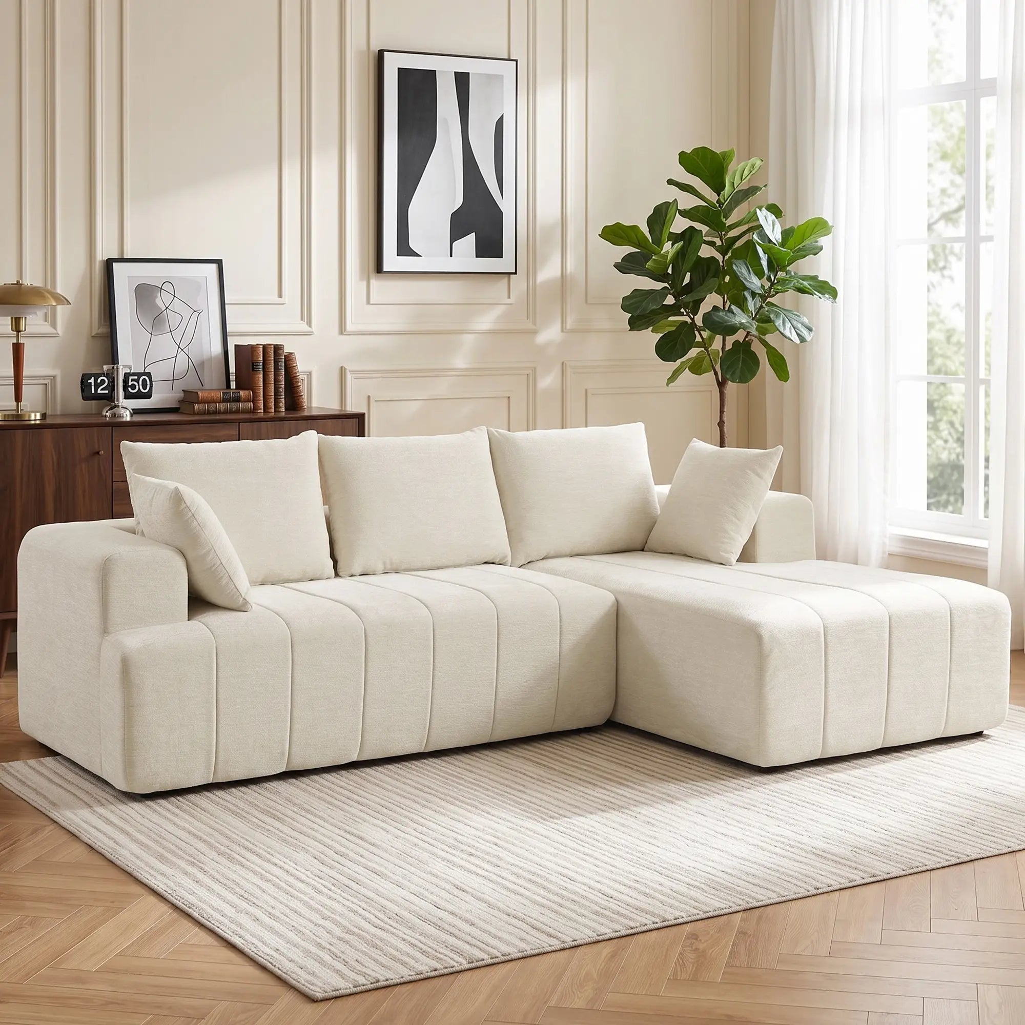 Beige Modular Sectional Sofa with Chaise – 3-Seater Chenille Cloud Couch & L-Shaped Sofa Bed