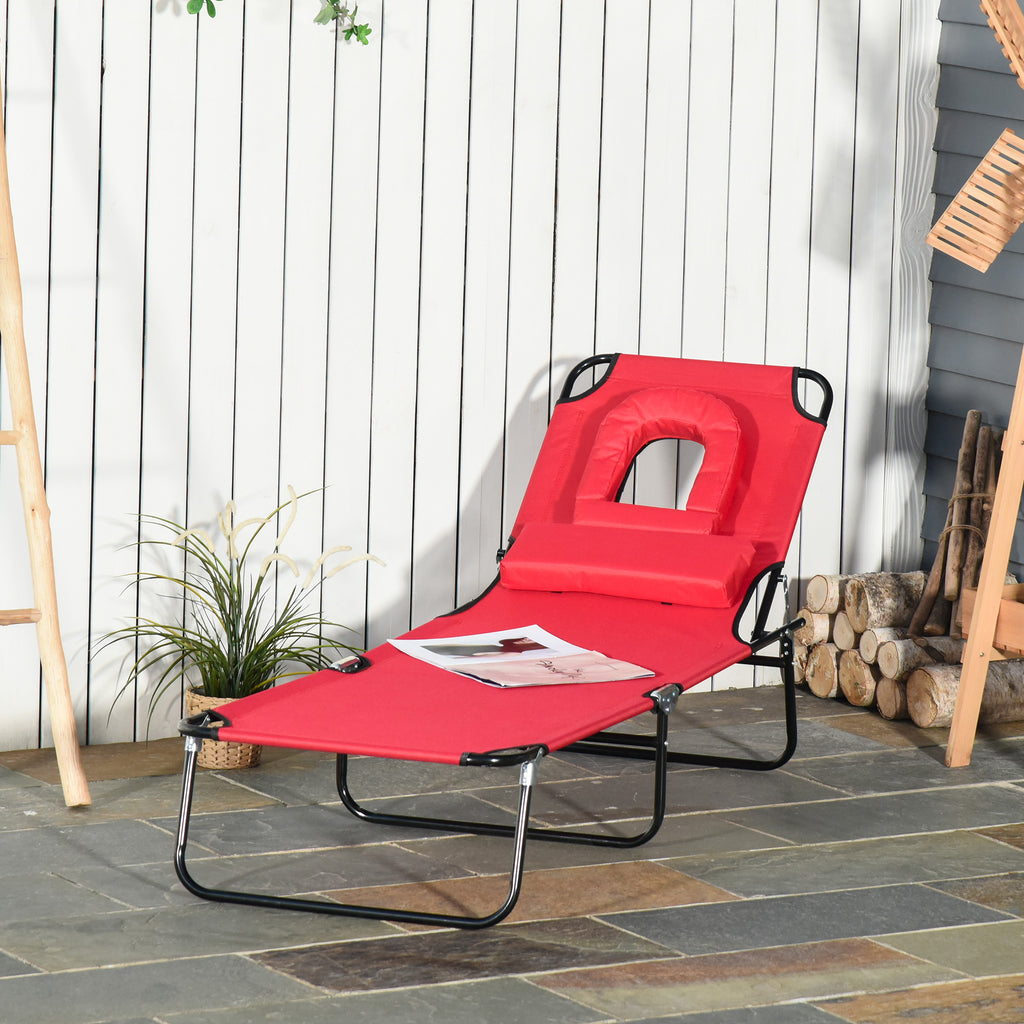 Folding Chaise Lounge Chair, Reclining Beach Tanning Chair with Face Hole, Pillow, 4-Position Adjustable Lay Flat Sun Lounger, Steel Frame for Outdoor Patio Pool, Red