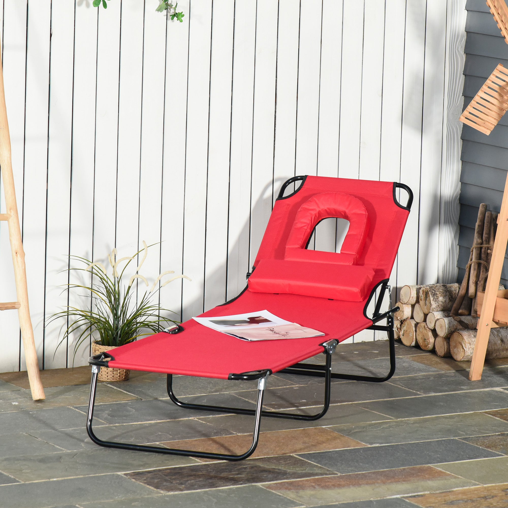 Folding Chaise Lounge Chair, Reclining Beach Tanning Chair with Face Hole, Pillow, 4-Position Adjustable Lay Flat Sun Lounger, Steel Frame for Outdoor Patio Pool, Red