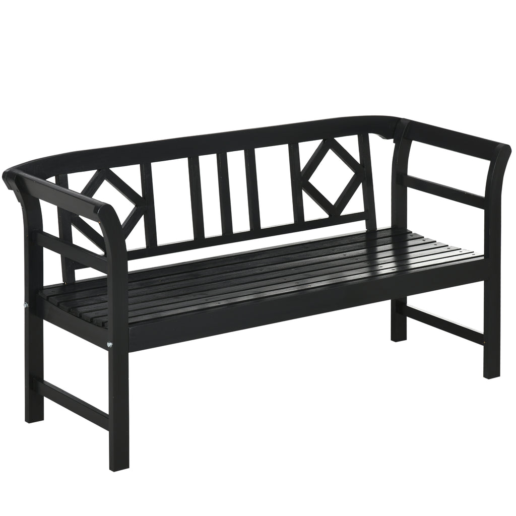 Wooden Outdoor Bench, 3 Person Patio Garden Bench with Diamond Pattern Backrest, Slatted Seat, 792 LBS Capacity, Black