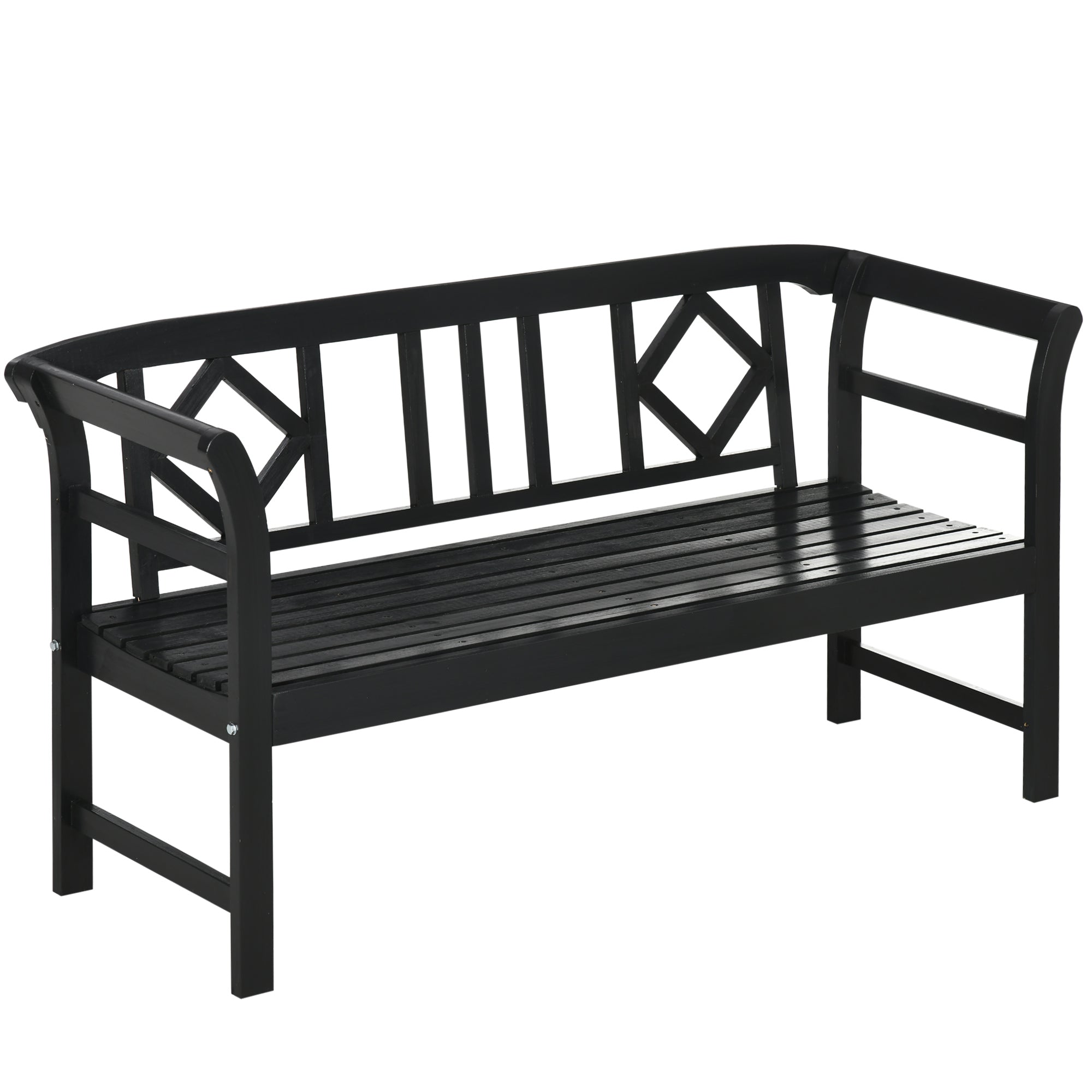 Wooden Outdoor Bench, 3 Person Patio Garden Bench with Diamond Pattern Backrest, Slatted Seat, 792 LBS Capacity, Black