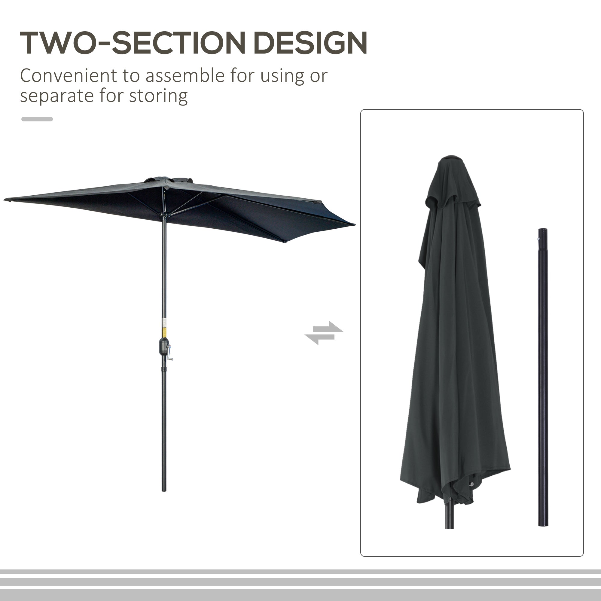 9.8ft Half Umbrella Semi Round Patio Parasol with Crank Handle, Top Vent for Garden, Balcony- NO BASE INCLUDED, Black