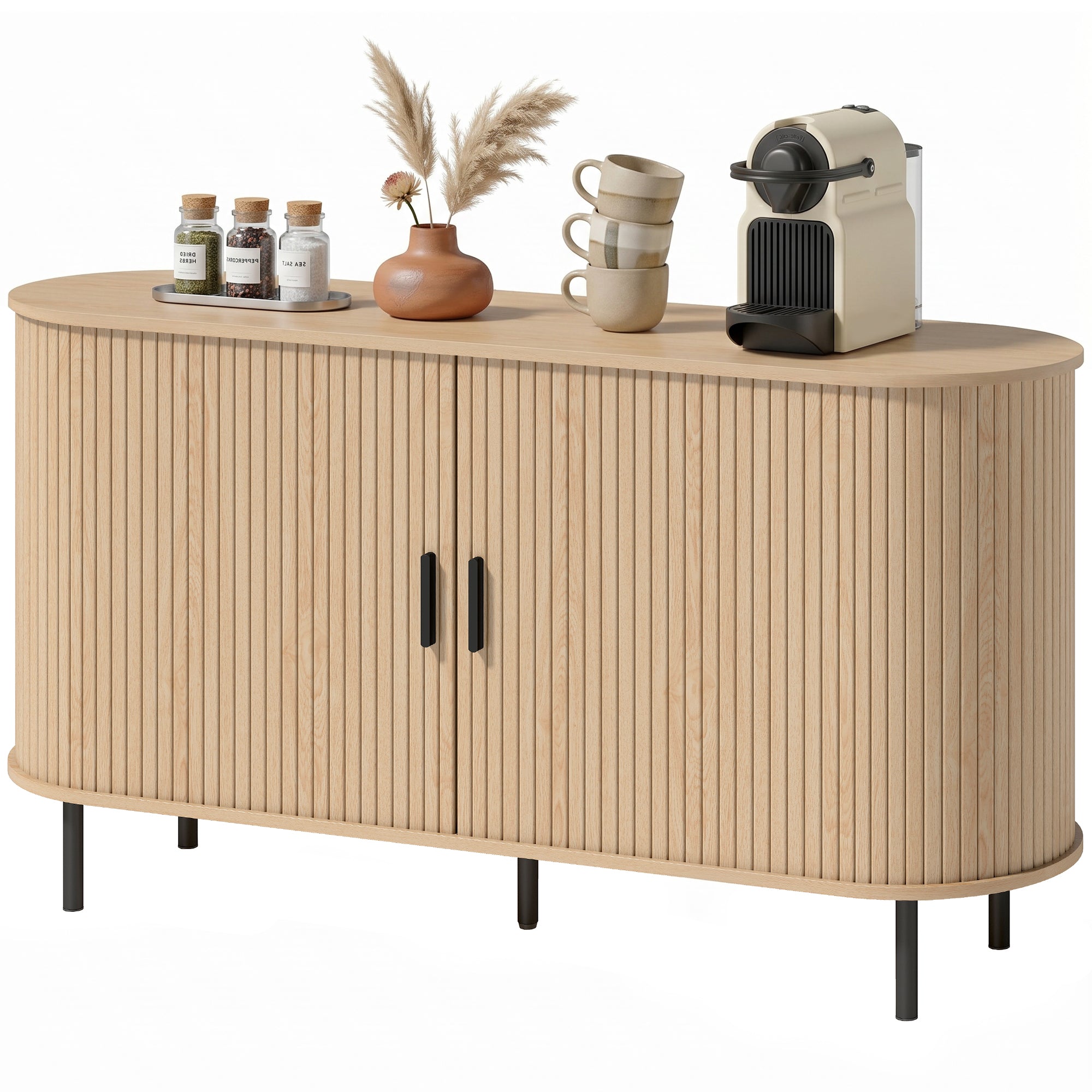 Fluted Sideboard Buffet Cabinet, 55" Mid Century Coffee Bar Cabinet with Sliding Doors and Adjustable Shelves, Natural