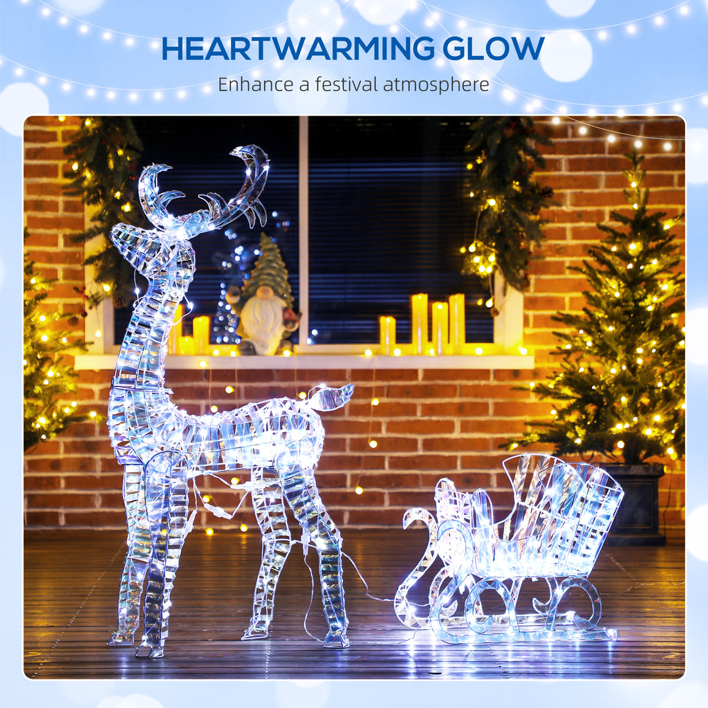 Lighted Christmas Reindeer with Sleigh, Outdoor Reindeer with 170 LED Lights and Stakes, Holiday Decor, Silver