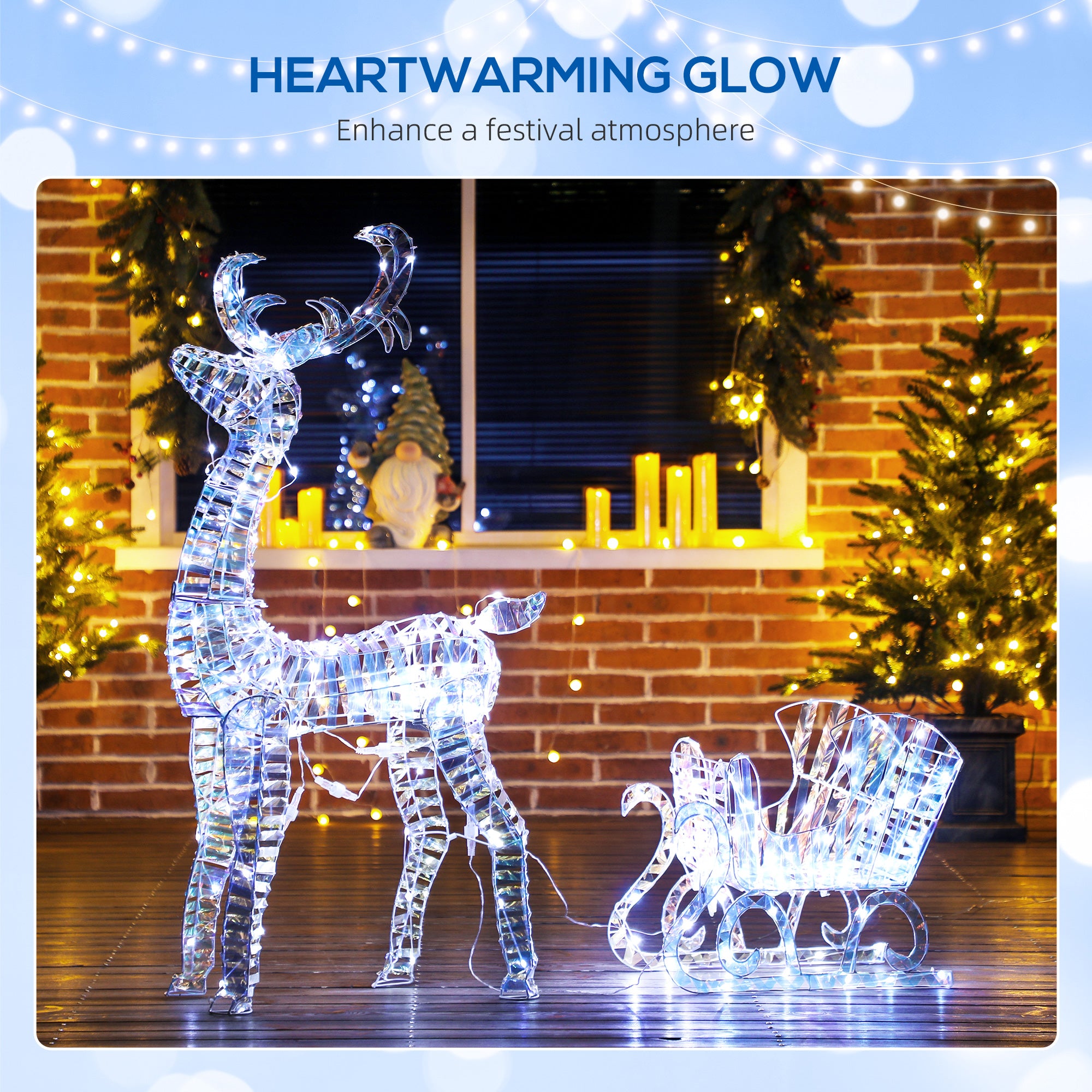 Lighted Christmas Reindeer with Sleigh, Outdoor Reindeer with 170 LED Lights and Stakes, Holiday Decor, Silver