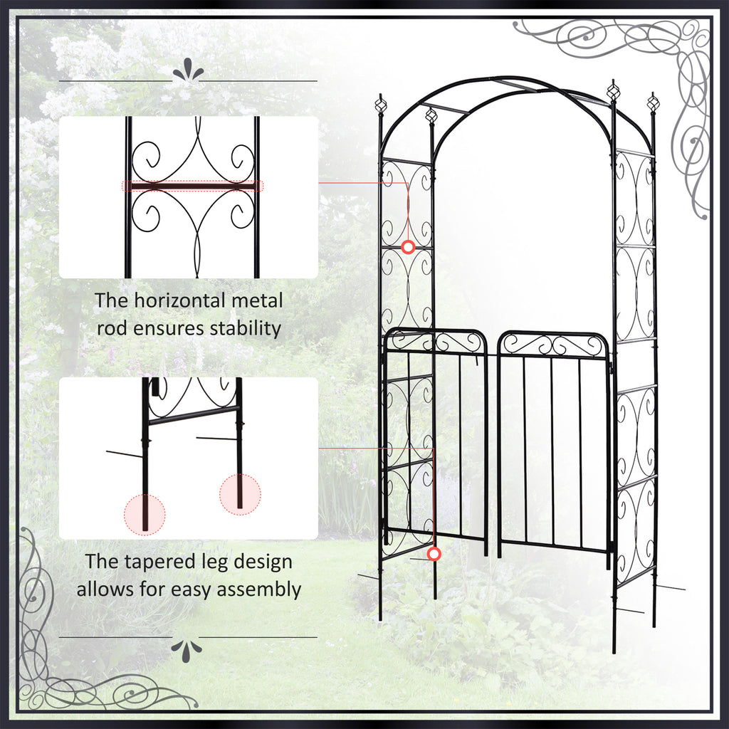 7' Metal Garden Arbor Arch with Scrollwork Doors for Ceremony, Weddings, Party, Backyard, Lawn