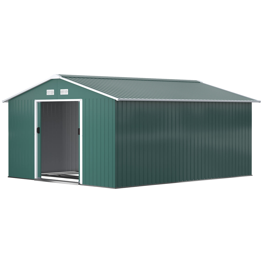 11' x 13' Practical Backyard Garden Storage Tool Shed with Double Sliding Door Garden Tool Shed with 4 Ventilation Slots, Green