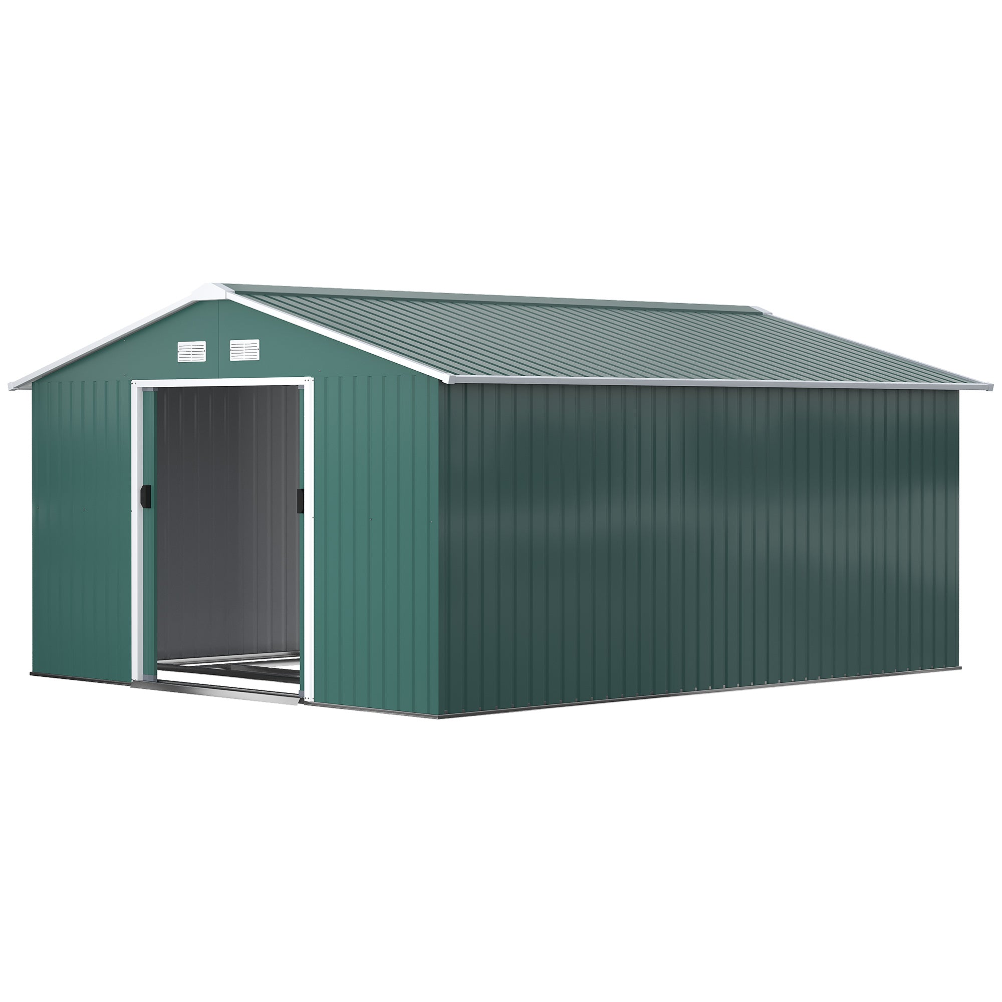11' x 13' Practical Backyard Garden Storage Tool Shed with Double Sliding Door Garden Tool Shed with 4 Ventilation Slots, Green