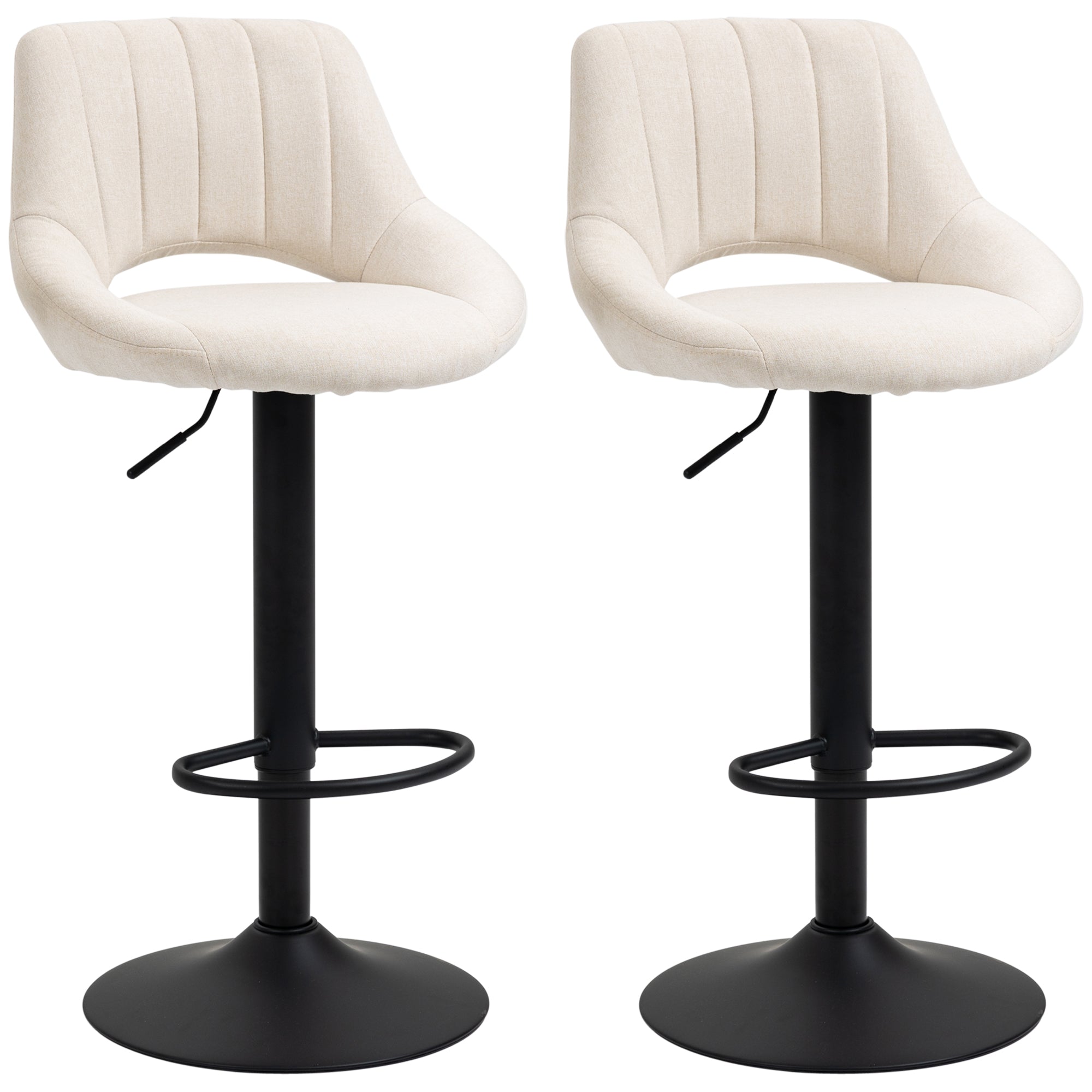 Bar Stools Set of 2, Swivel Counter Height Barstools with Adjustable Height, Linen Upholstered Bar Chairs with Round Metal Base and Footrest, Cream