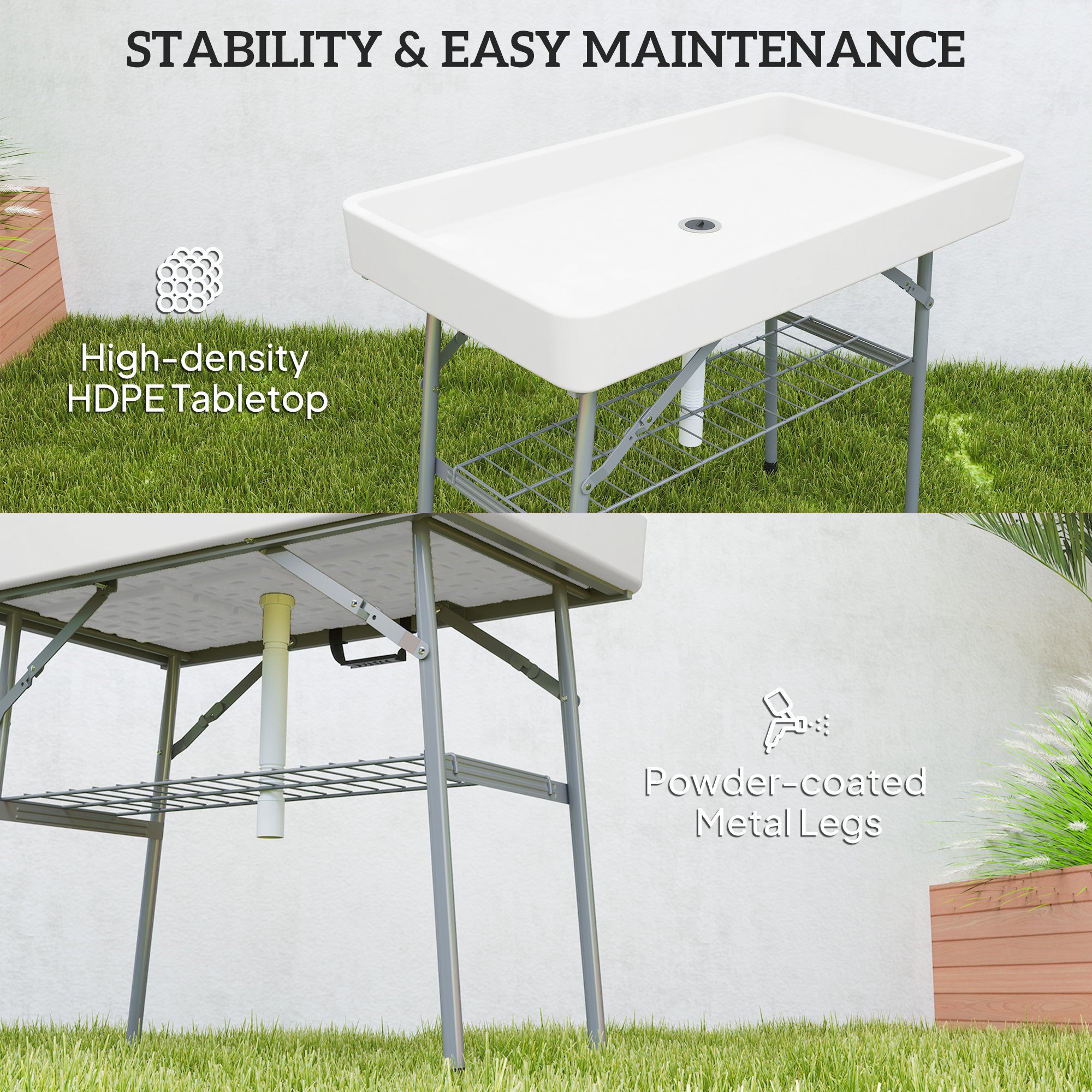 3.4ft Folding Ice Cooler Table with Drain, Outdoor Patio Party Cooler for Drinks, Fishing Cleaning Table with Storage Shelf for Picnic BBQ Camping Wedding, White