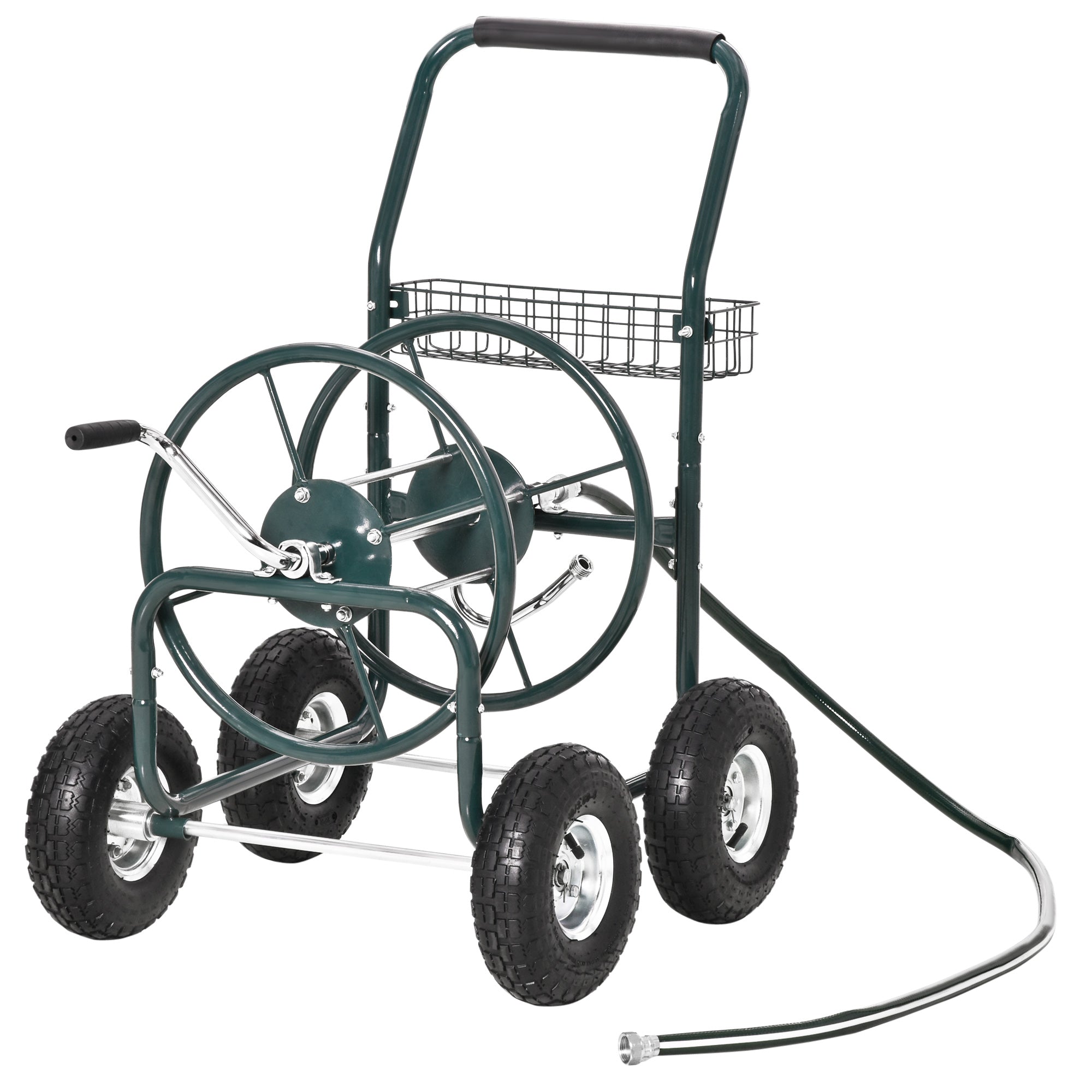 Garden Hose Reel Cart, Portable Hose Organizer with Hose Guide System, 4 Wheels & Storage Basket for Yard, Garden, Farm