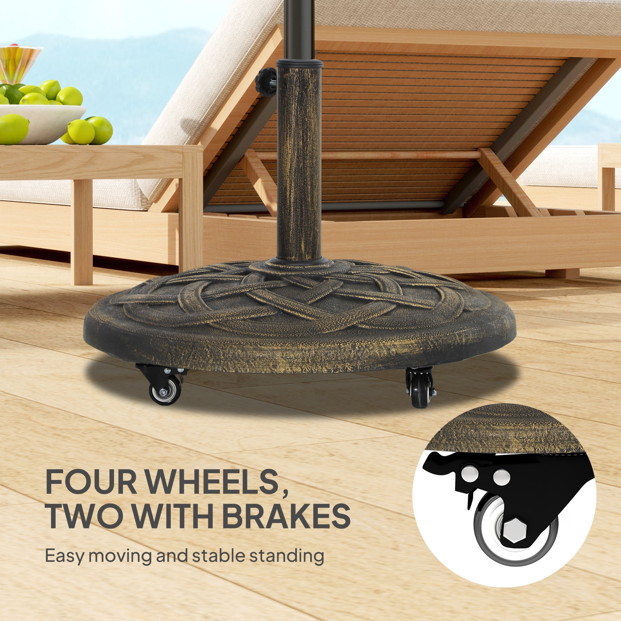 Round Patio Umbrella Base with Wheels, 44 lbs Resin Umbrella Stand Base, 1.3"/1.5"/1.9" Umbrella Poles Bronze