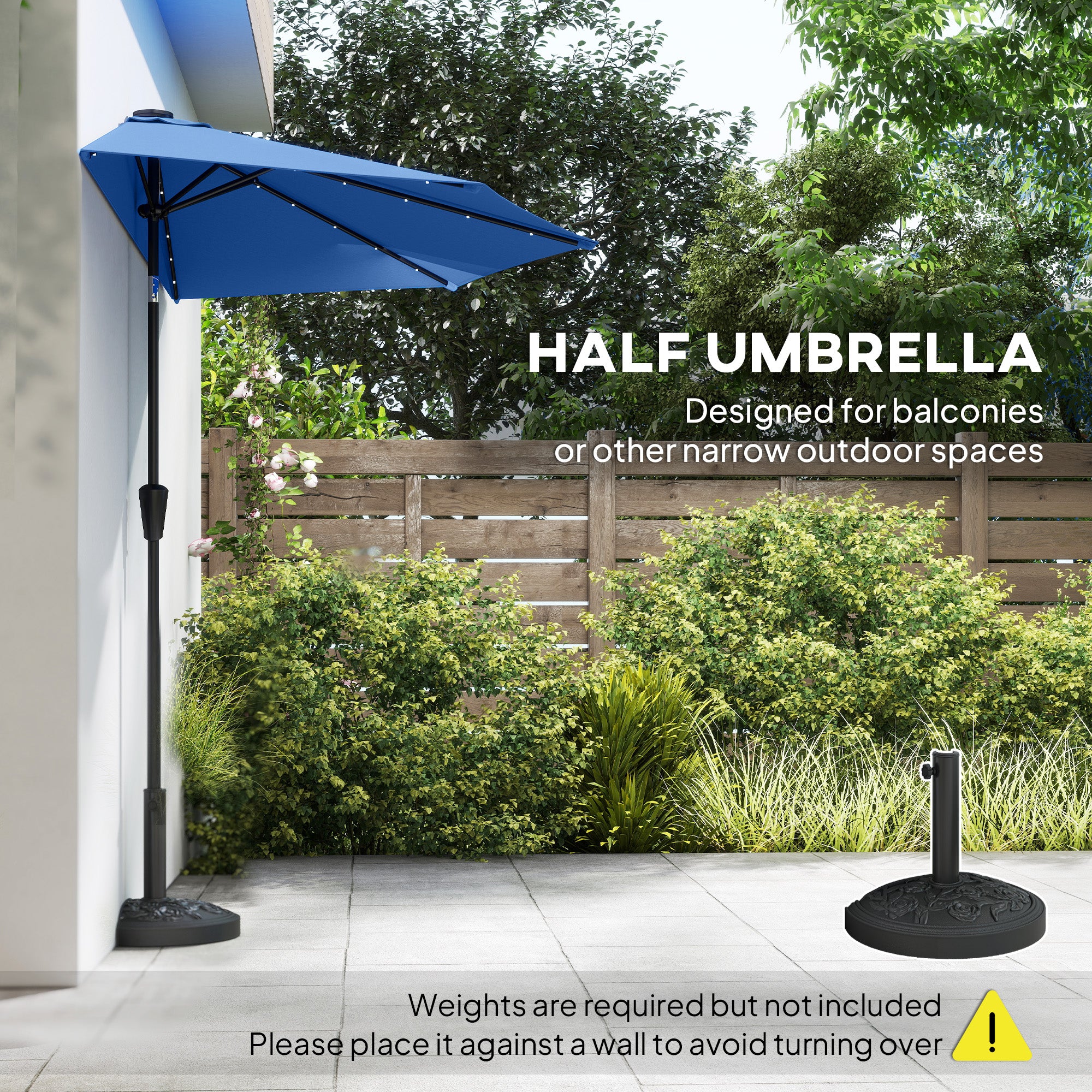 Half Outdoor Patio Umbrella with Solar LED Lights Half Umbrella with Crank 105.1" x 53.5" Navy Blue