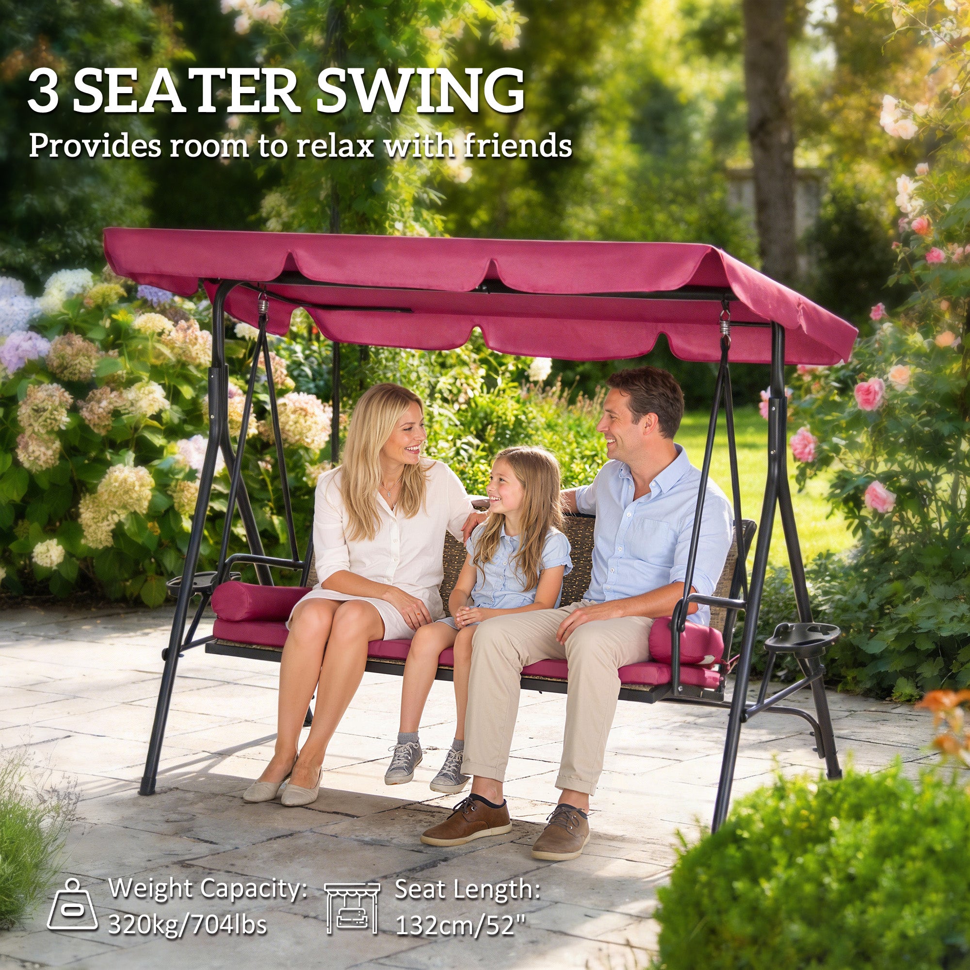 Outdoor 3-Seat Porch Swing with Canopy, Rattan Seat, Removable Cushion, Pillows and Steel Frame