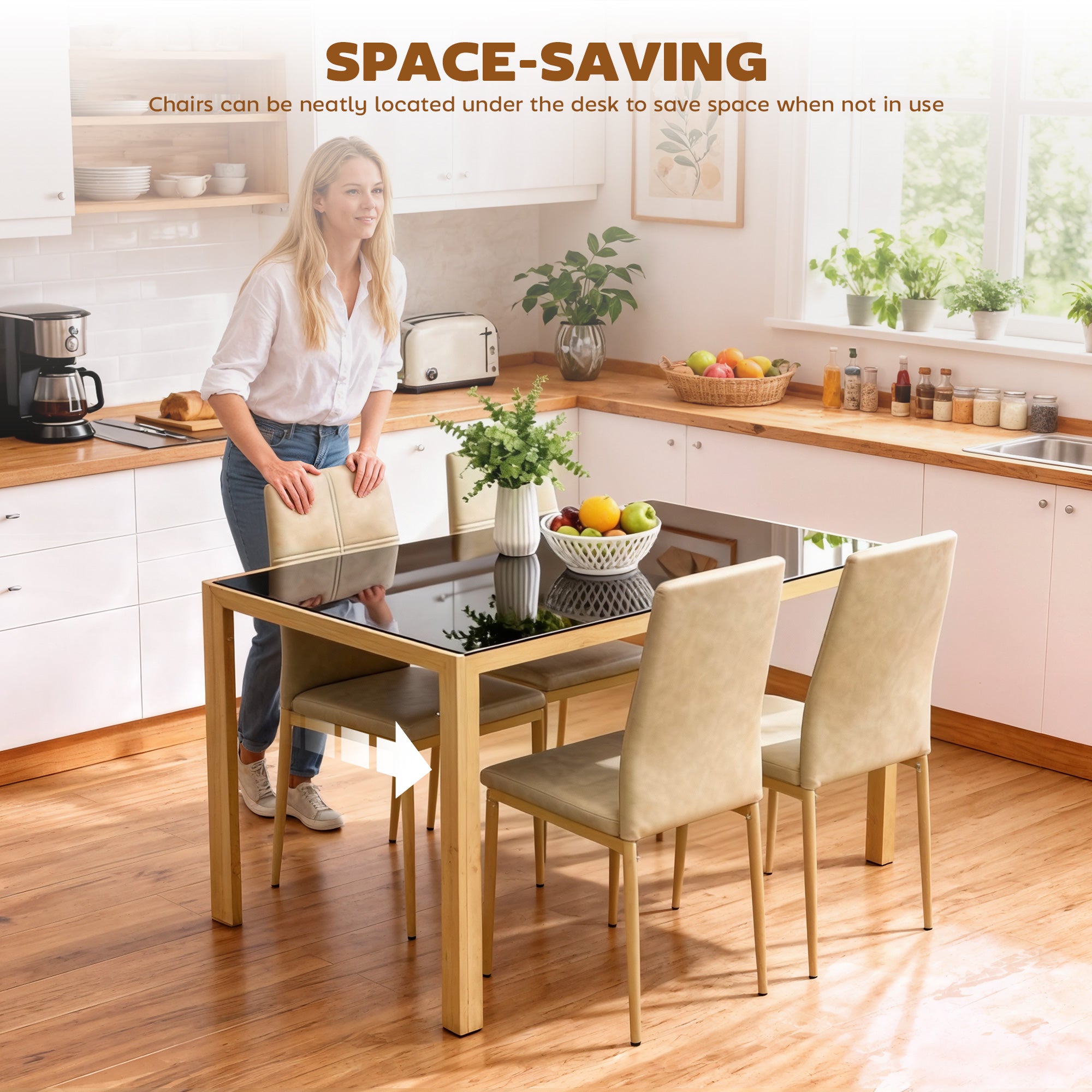 3-Piece Rectangular Glass Kitchen Table and Chairs with Metal Frame and Faux Leather Upholstery for Dining Room