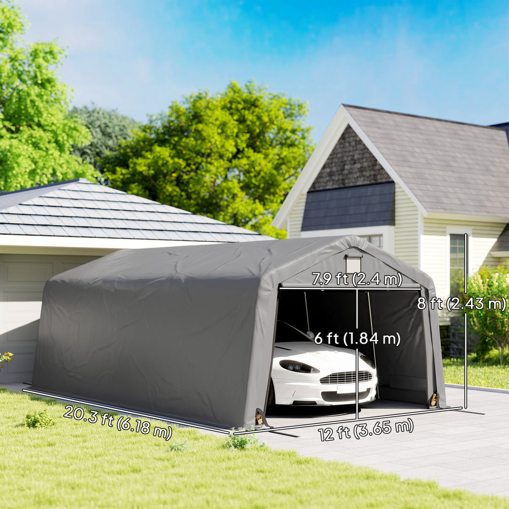 12' x 20' Portable Garage, Heavy Duty Carport Canopy with Ventilation Windows and Large Roll-up Door, Light Grey