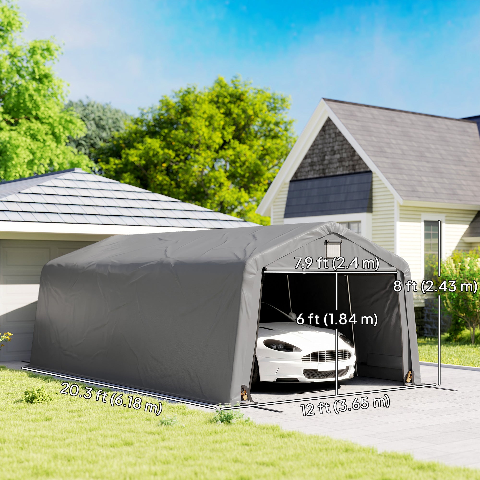 12' x 20' Portable Garage, Heavy Duty Carport Canopy with Ventilation Windows and Large Roll-up Door, Light Grey