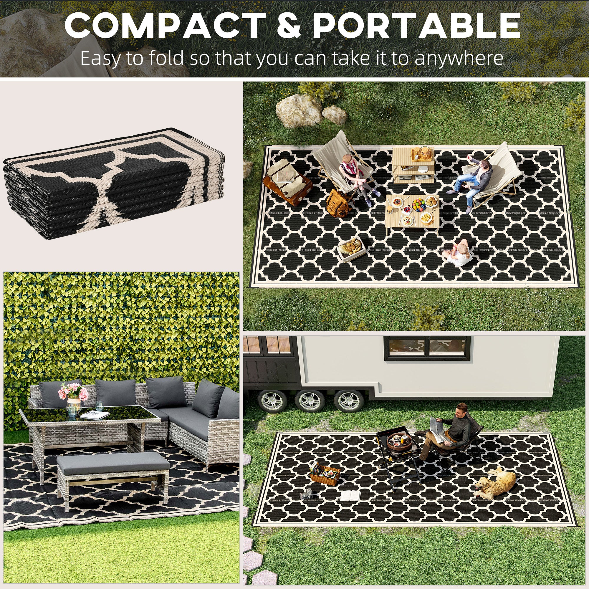Reversible Outdoor RV Rug, 9' x 18' Patio Floor Mat, Plastic Straw Rug for Backyard, Deck, Picnic, Beach, Camping, Black and Beige