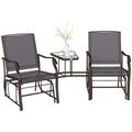 Double Patio Glider Chair with Glass Top Center Table, Outdoor Glider Loveseat with High Back,  All Weather Breathable Mesh Fabric for Garden, Backyard, Deck, Grey