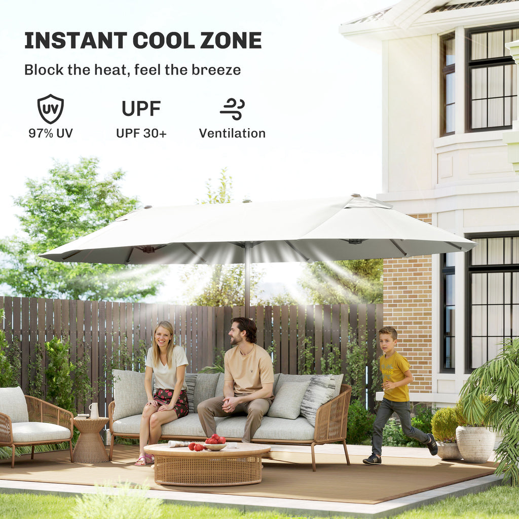15' Outdoor Patio Umbrella with Twin Canopy Sunshade Steel Table Umbrella with Lift Crank Beige