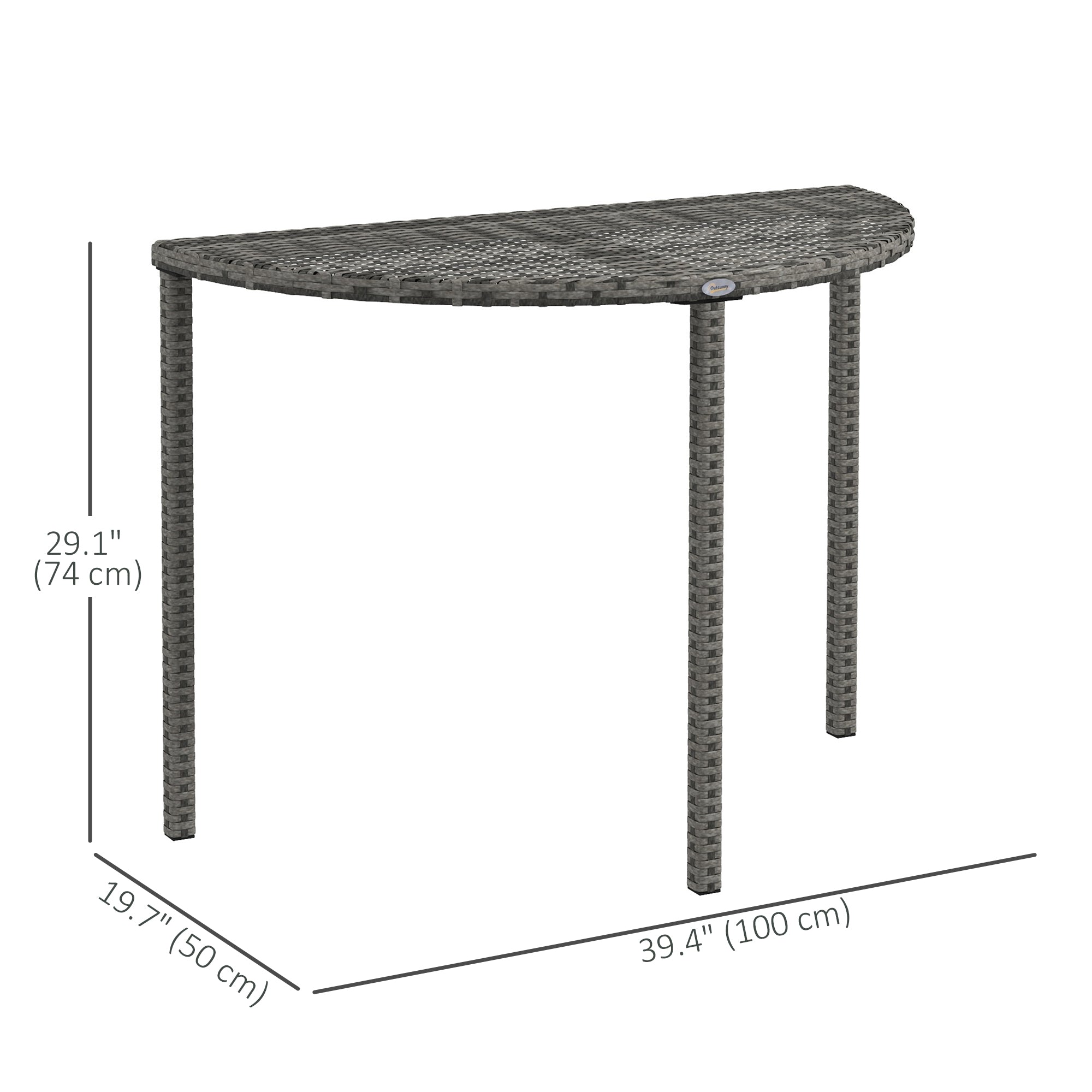 Half Round Side Table, PE Rattan Coffee Table with Metal Frame for Patio, Garden, Balcony, Grey