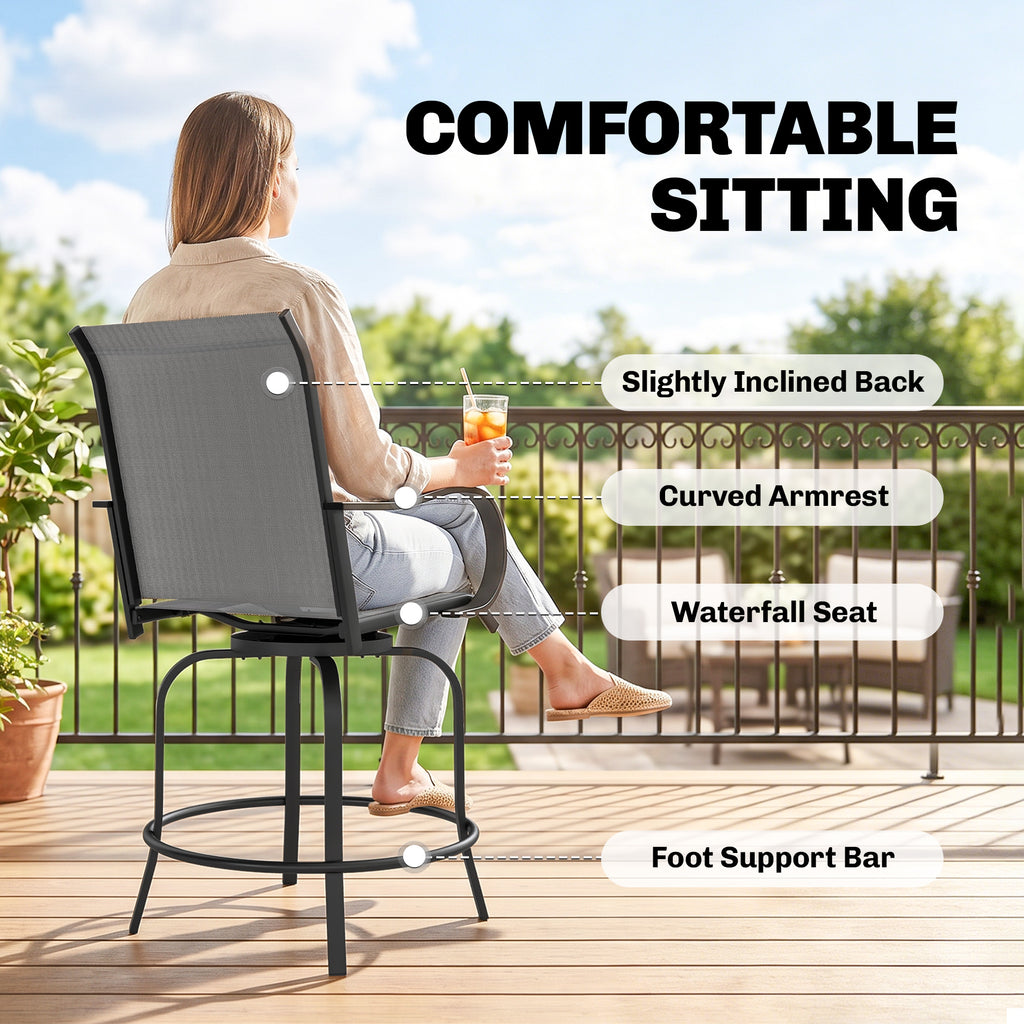 Outdoor Bar Stools Set of 2, 360Â° Swivel Bar Height Chairs, 26.8" x 29.5" x 48.4", Grey
