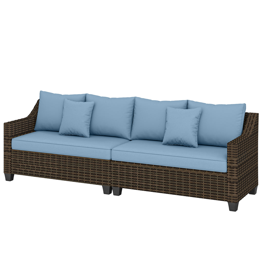 PE Wicker Outdoor Couch Sofa, 4-Seater Modular Patio Furniture Lounge Set with 2 Loveseats, Cushions, Pillows, Blue